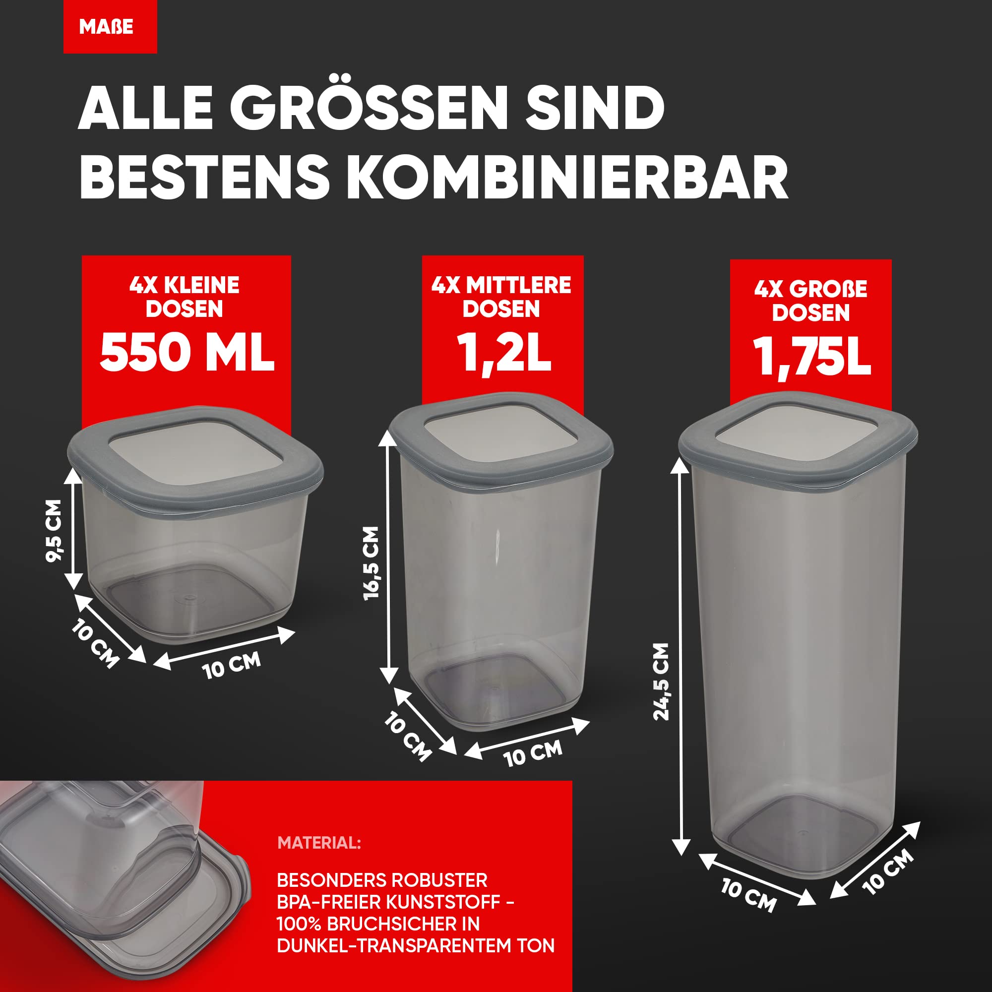Viwares Praktisches Vorratsdosen-Set 6er 1,75L FOLY - Anthrazit