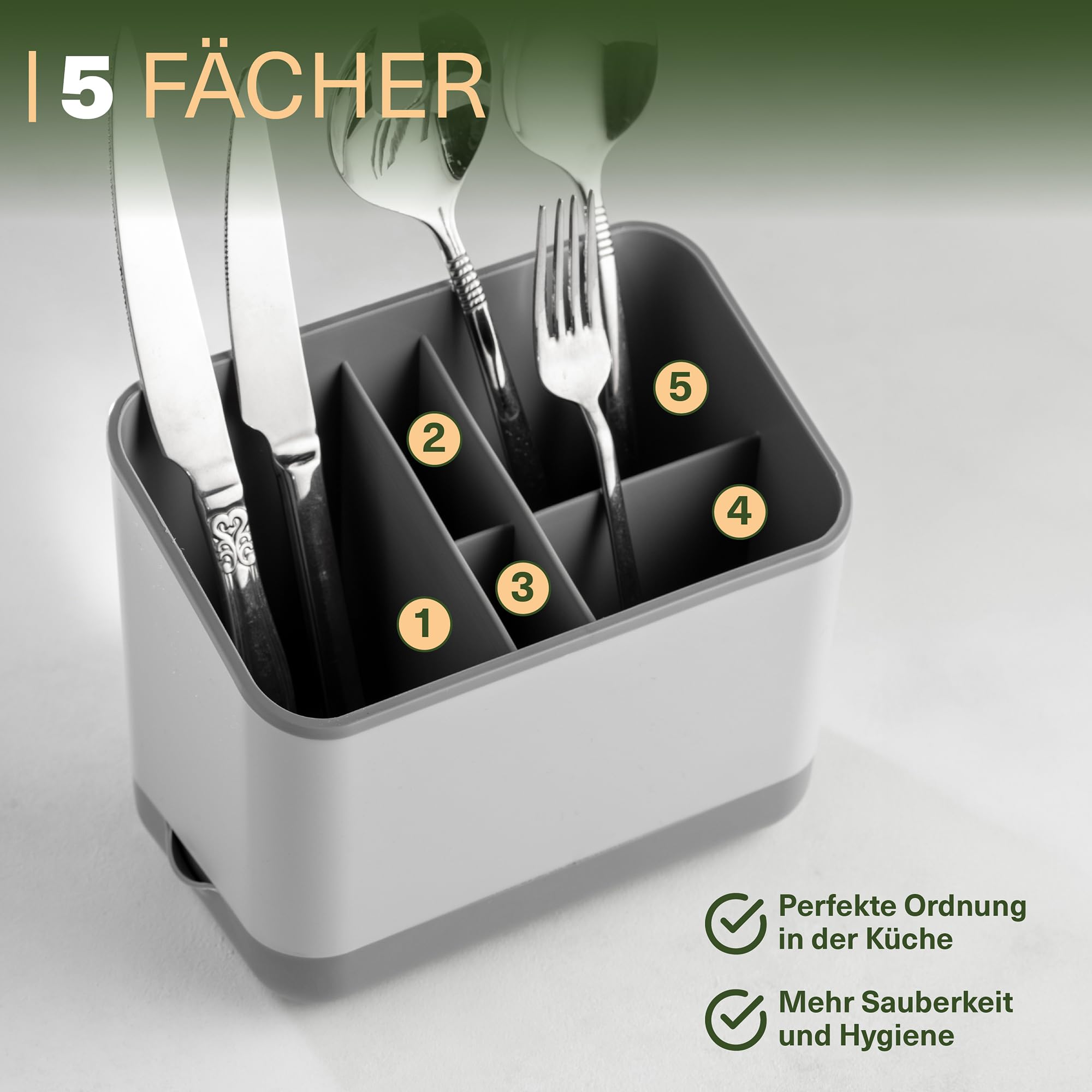 Viwares Besteckkorb, 5 Fächer mit Abtropfsieb (Grau)