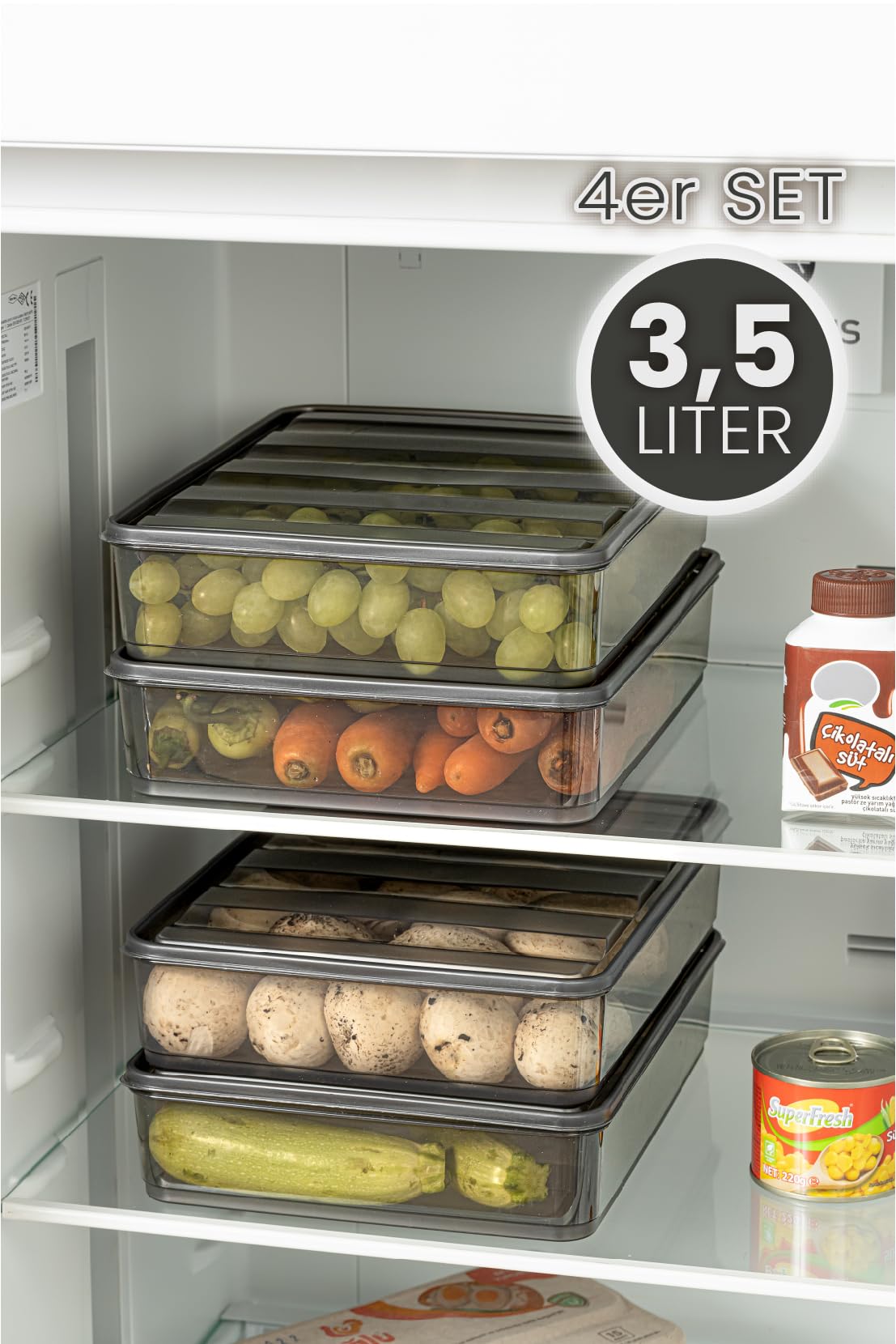 Viwares luftdichter Kühlschrank-Organizer mit Deckel 4er Set 3,5 L BELLA - Anthrazit