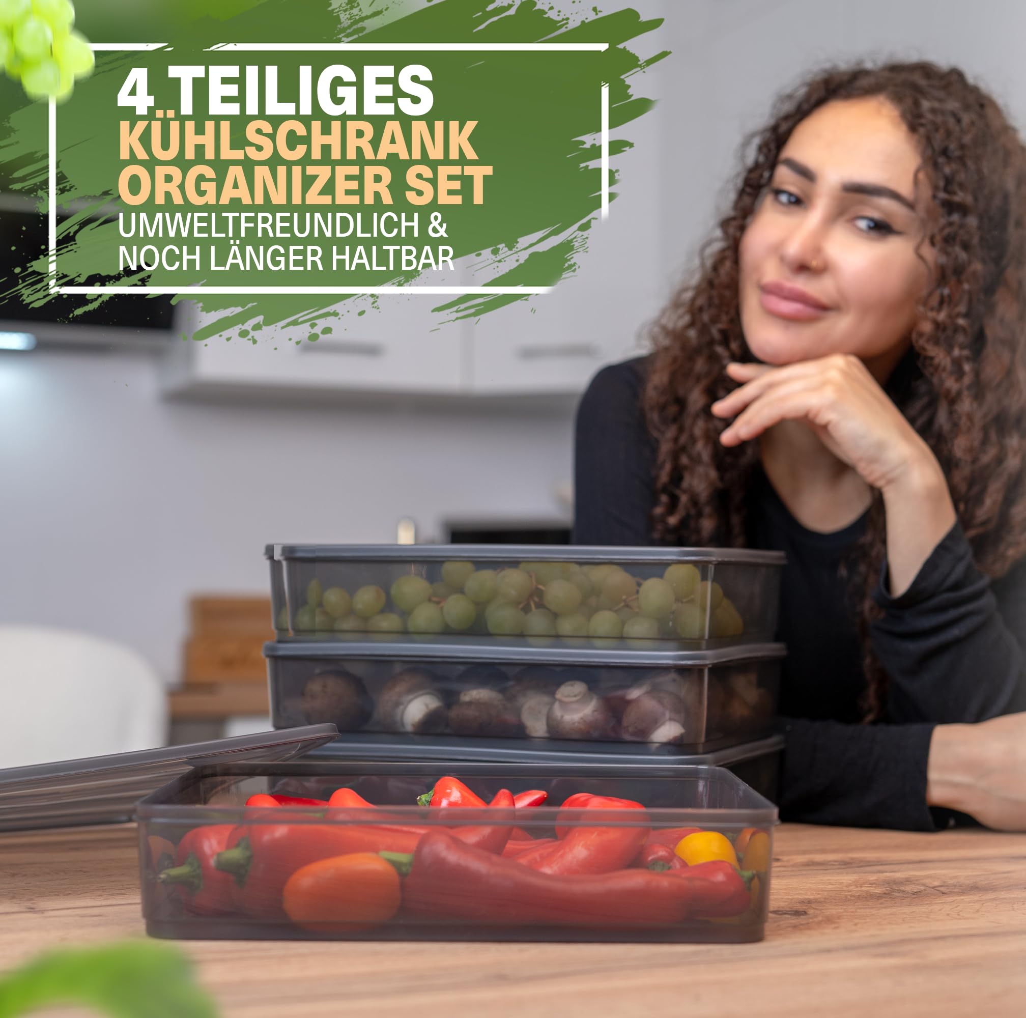 Viwares luftdichter Kühlschrank-Organizer mit Deckel 4er Set 3,5 L BELLA - Anthrazit