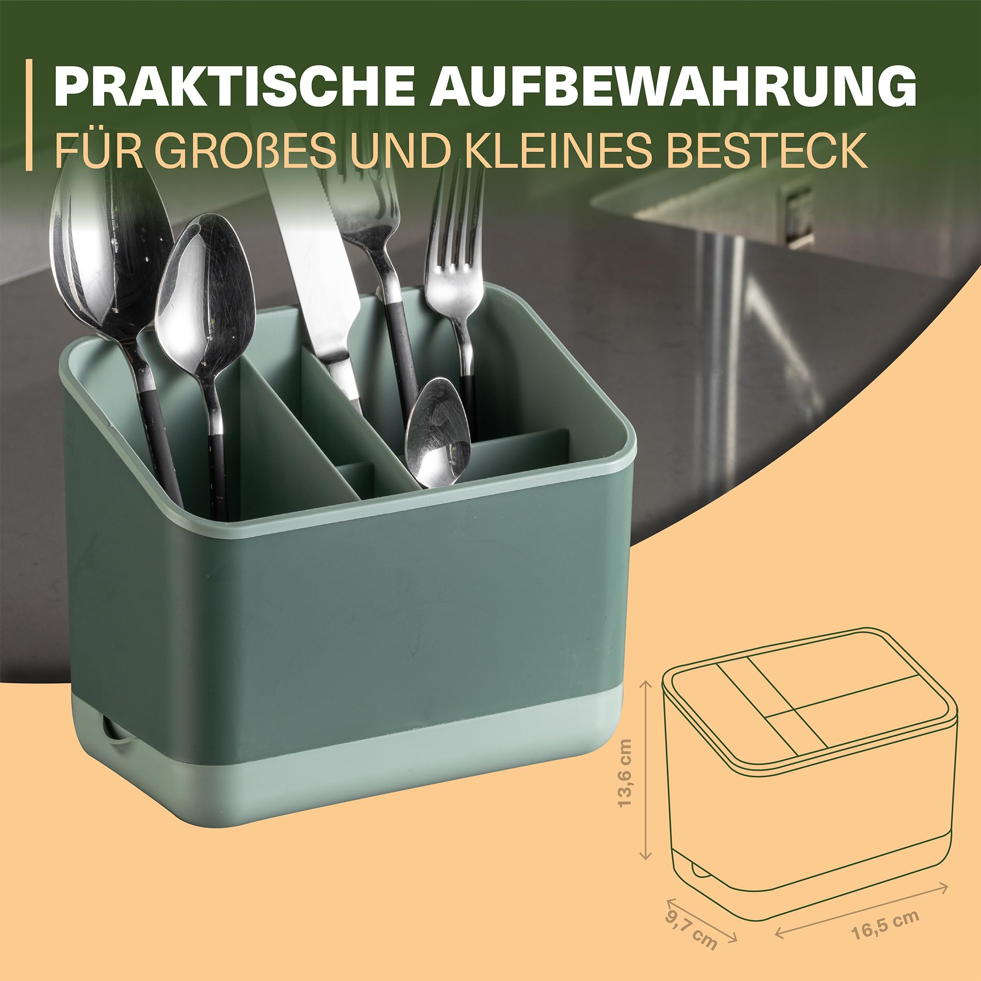 Viwares Besteckkorb, 5 Fächer mit Abtropfsieb (Grün)