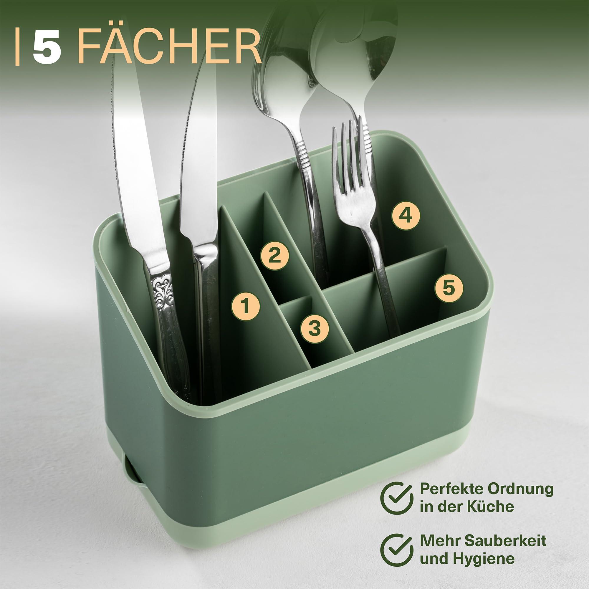 Viwares Besteckkorb, 5 Fächer mit Abtropfsieb (Grün)
