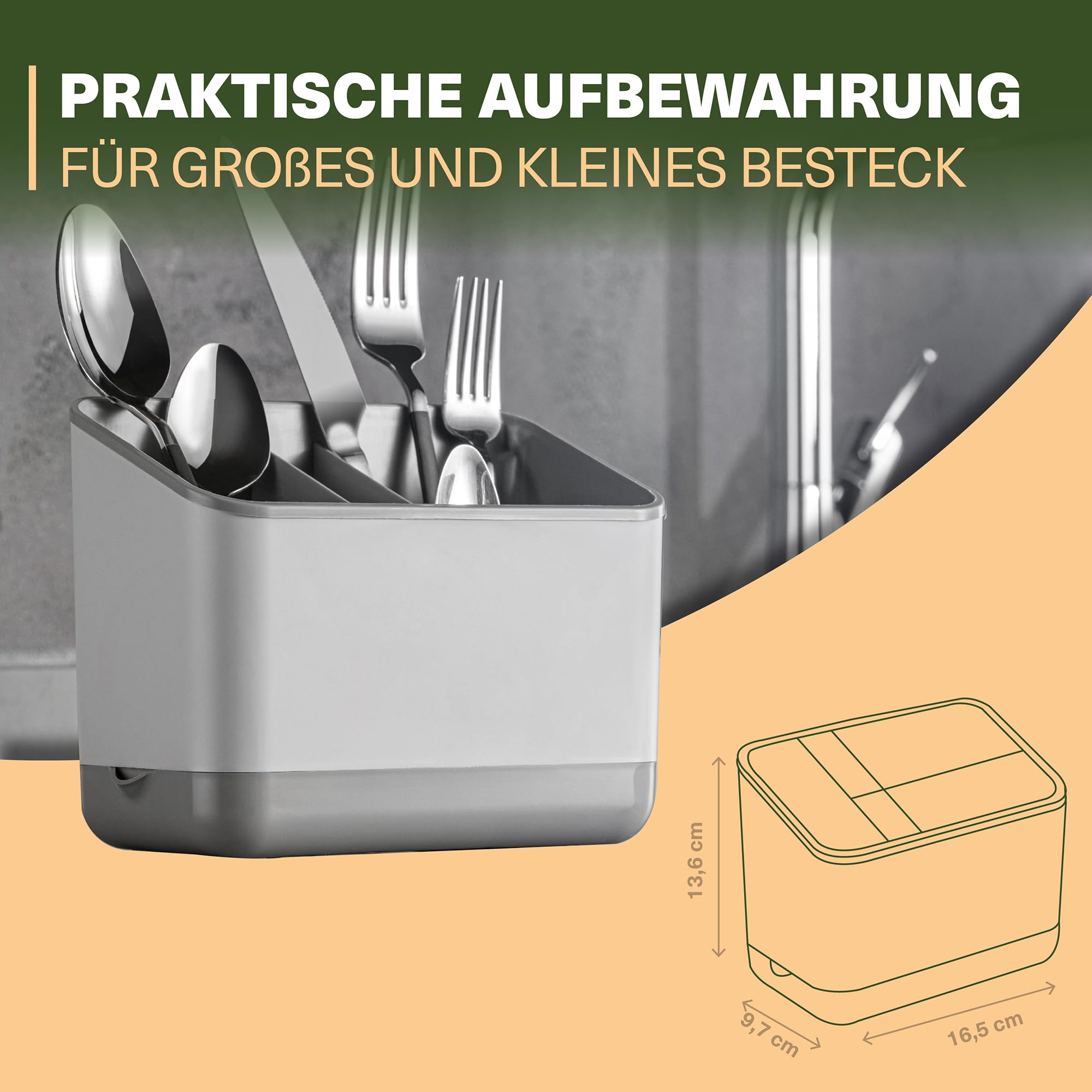 Viwares Besteckkorb, 5 Fächer mit Abtropfsieb (Grau)