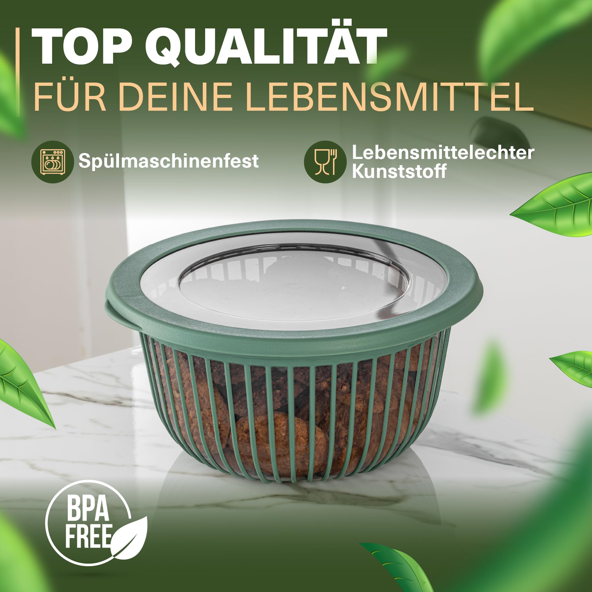 Viwares Schüssel-Set 3er mit Deckel – Vielseitige 1, 2, 3 L Schalen mit Silikonrand Grün