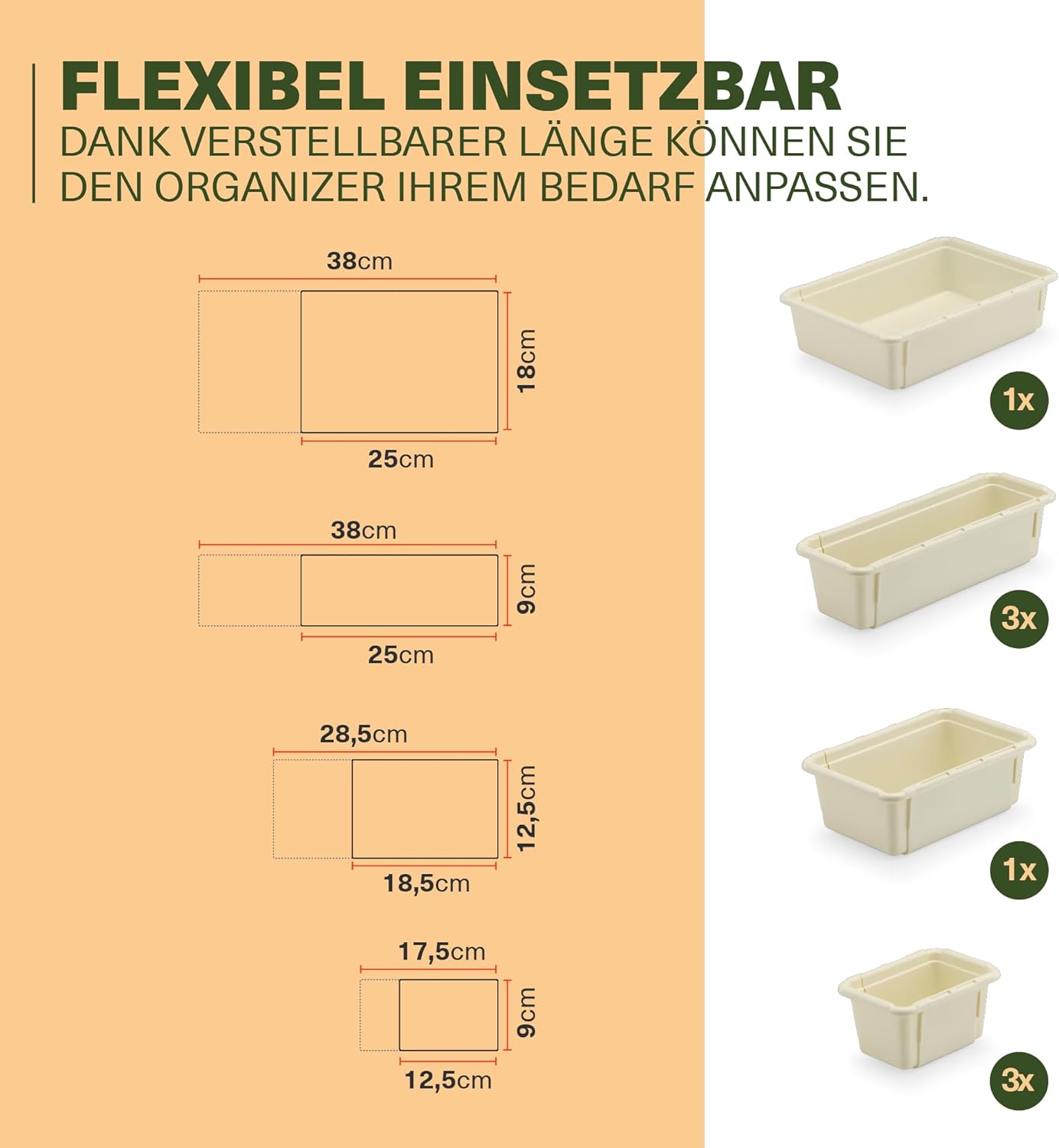 Minimax Creme 8-teiliges Organizer Set – verstellbare Schubladenboxen