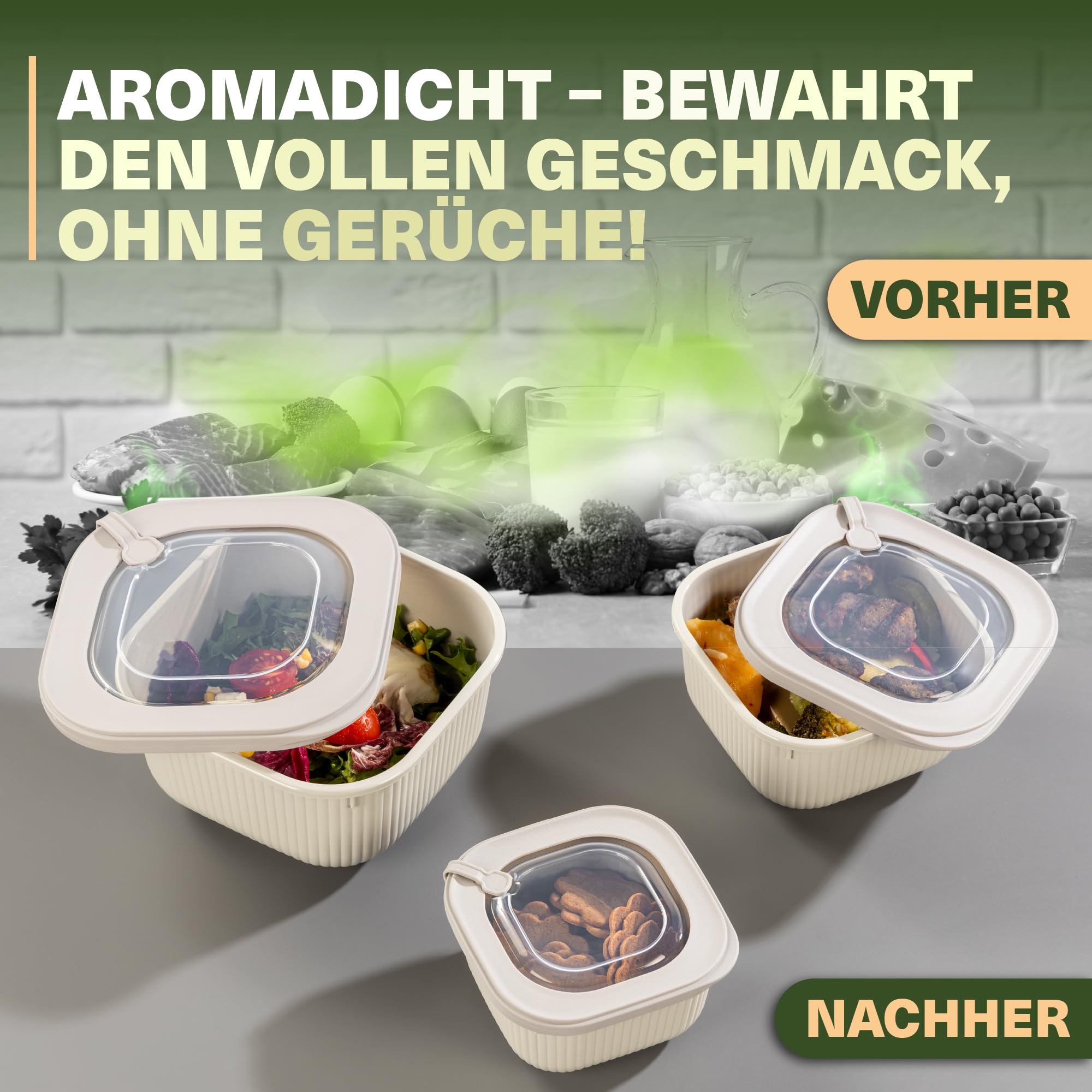 Viwares Frischhaltedosen im 6er Set mit transparentem Ventildeckel LINE - Beige