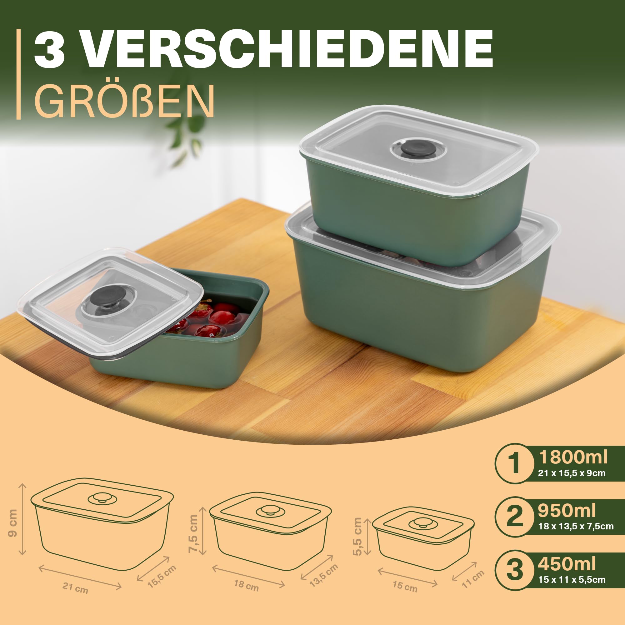 Viwares stapelbare Behälter für Lebensmittel mit Deckel im 3er Set - BPA-frei Luftdichte Aufbewahrung in drei Größen. Frischhalteboxen für Mikrowellen und Spülmaschinen, Arbeit, Picknick, Schule
