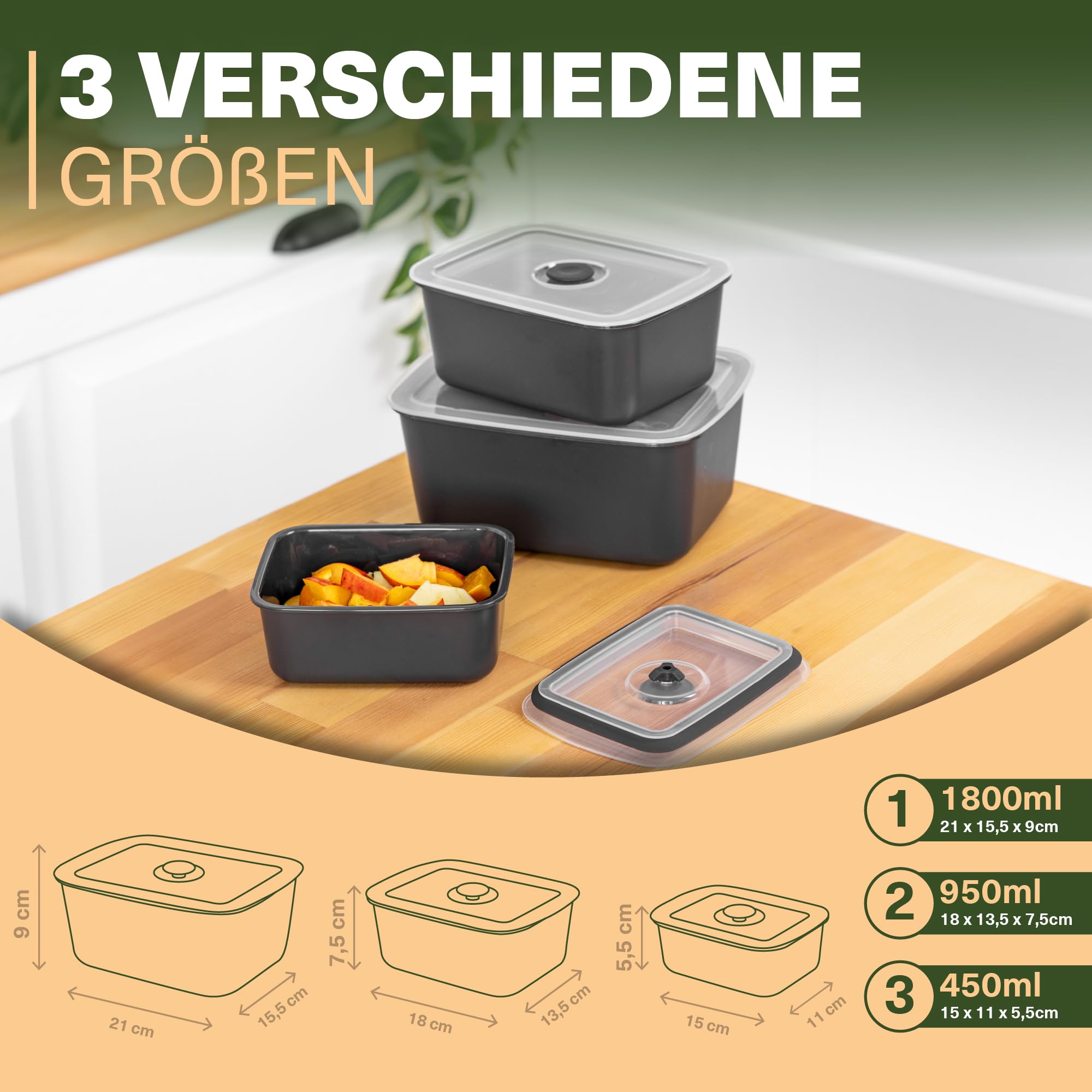 Viwares stapelbare Behälter für Lebensmittel mit Deckel im 3er Set - BPA-frei Luftdichte Aufbewahrung in drei Größen. Frischhalteboxen für Mikrowellen und Spülmaschinen, Arbeit, Picknick, Schule