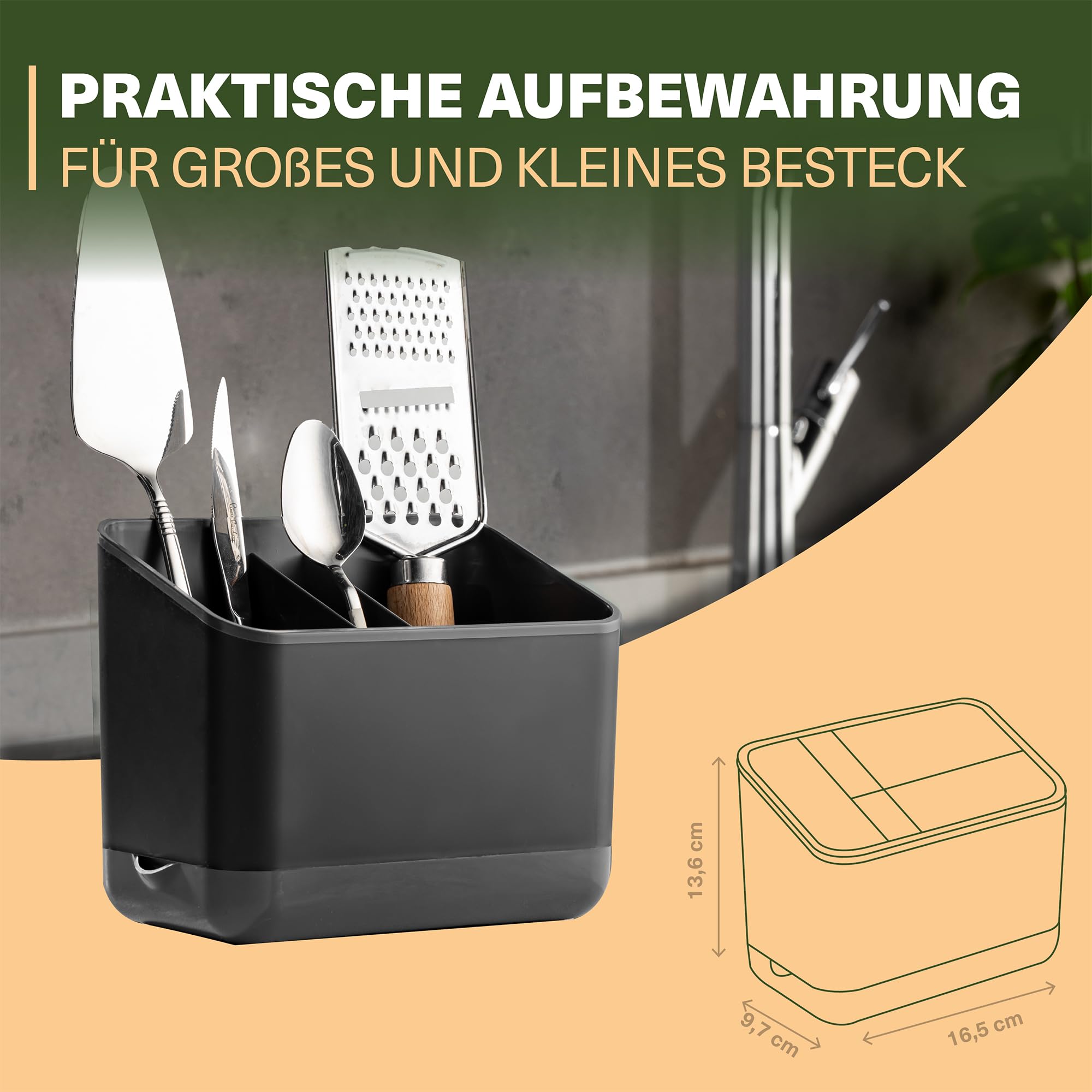 Viwares Besteckkorb, 5 Fächer mit Abtropfsieb (Anthrazit)