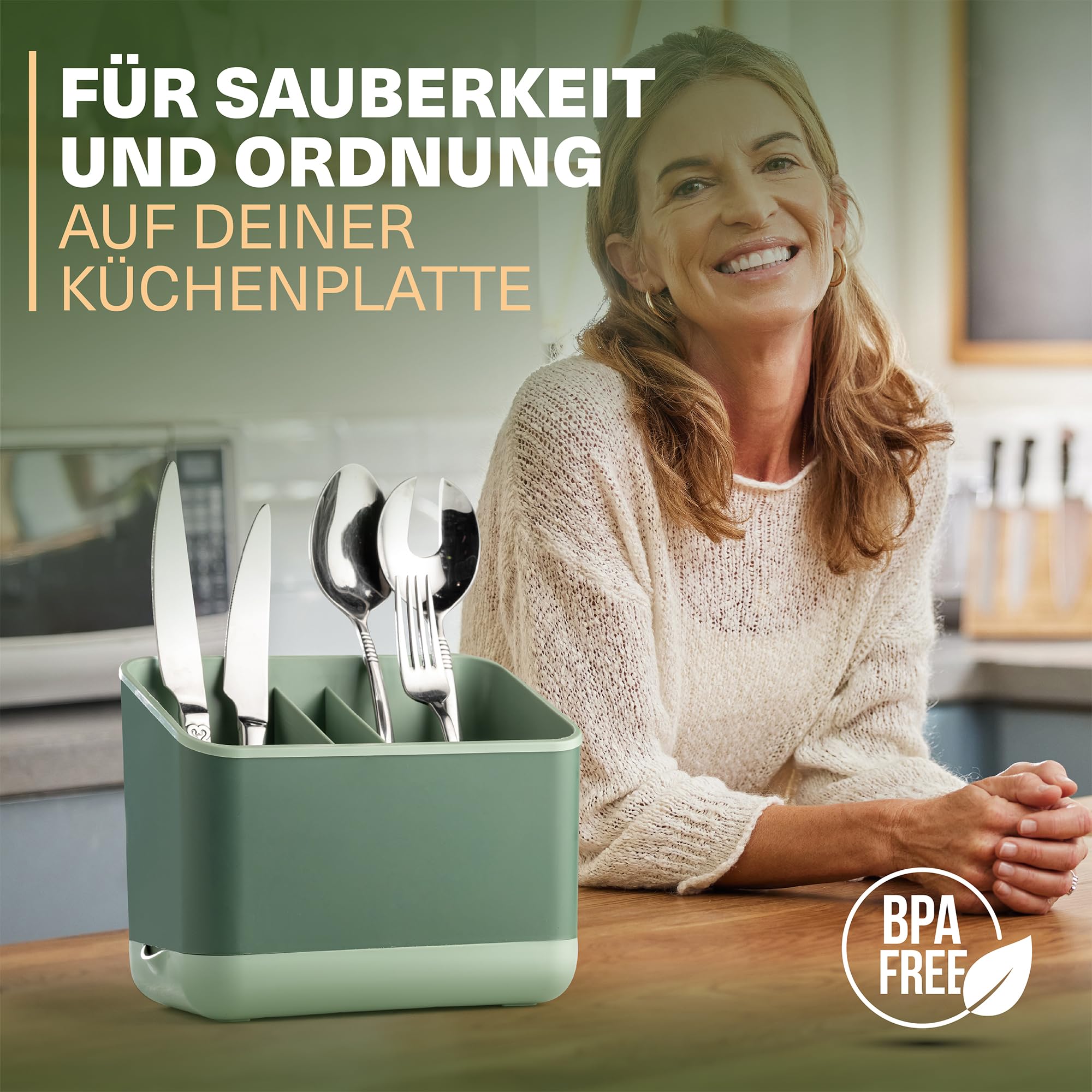 Viwares Besteckkorb, 5 Fächer mit Abtropfsieb (Grün)