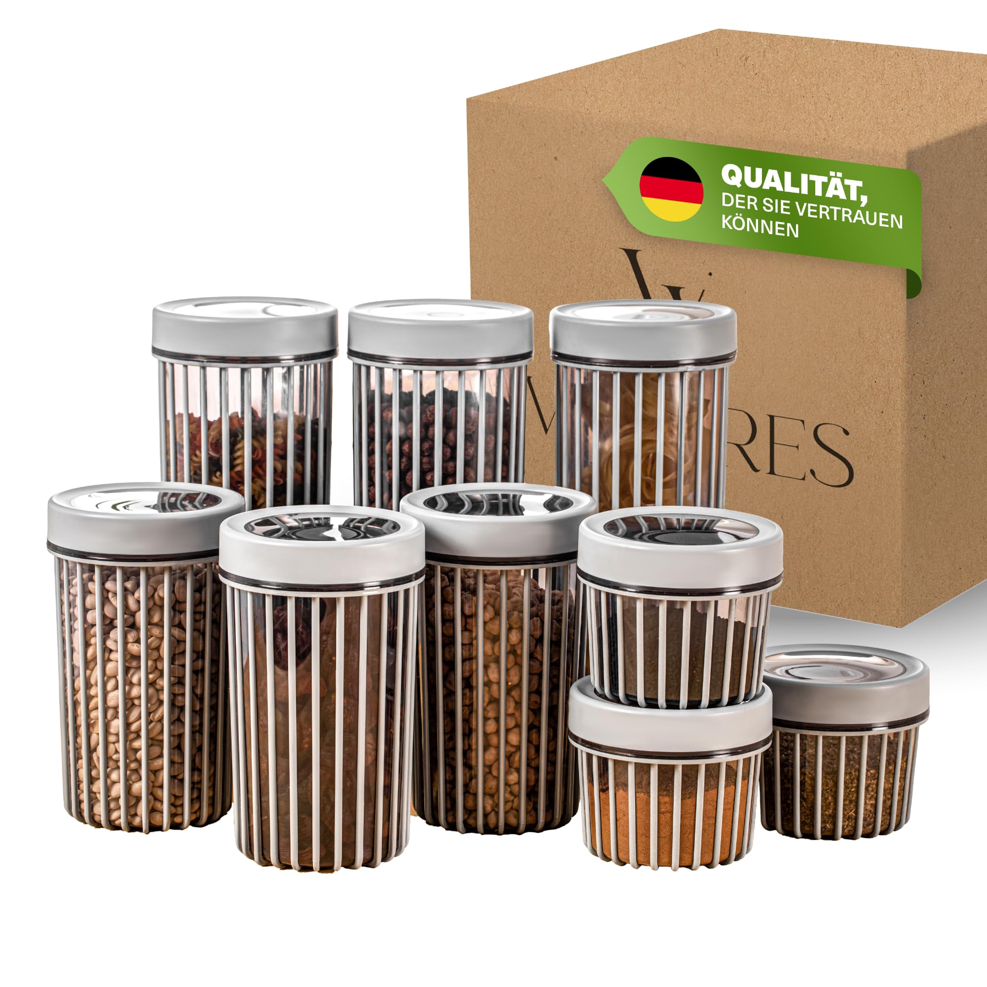 Viwares Vorratsdosen mit Dreh-Deckel - Stapelbares 9er Vorratsbehälter Set in drei Größen Grau