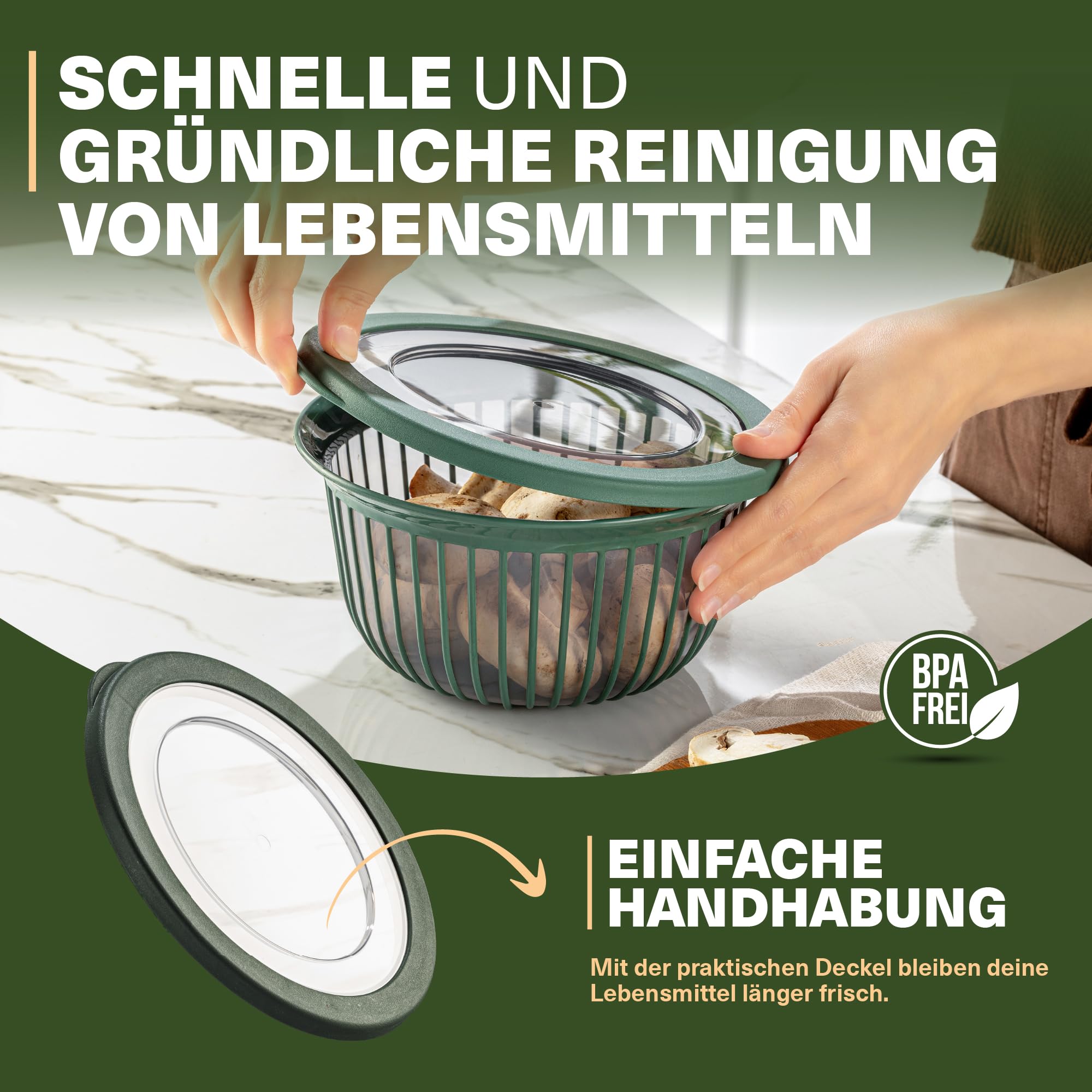 Viwares Schüssel-Set 3er mit Deckel – Vielseitige 1, 2, 3 L Schalen mit Silikonrand Grün