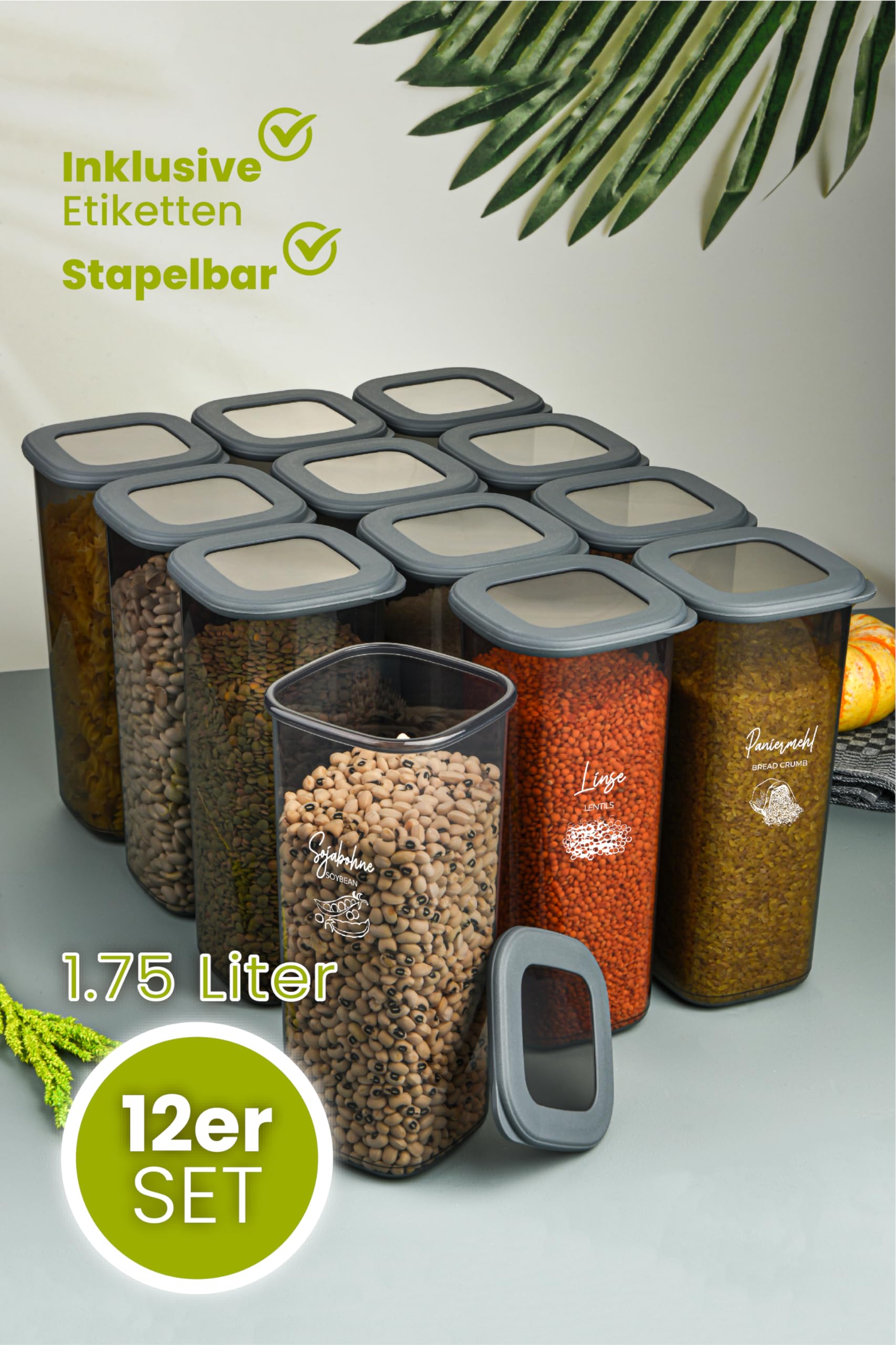 Viwares Praktisches Vorratsdosen-Set 12er 1,75L FOLY - Anthrazit