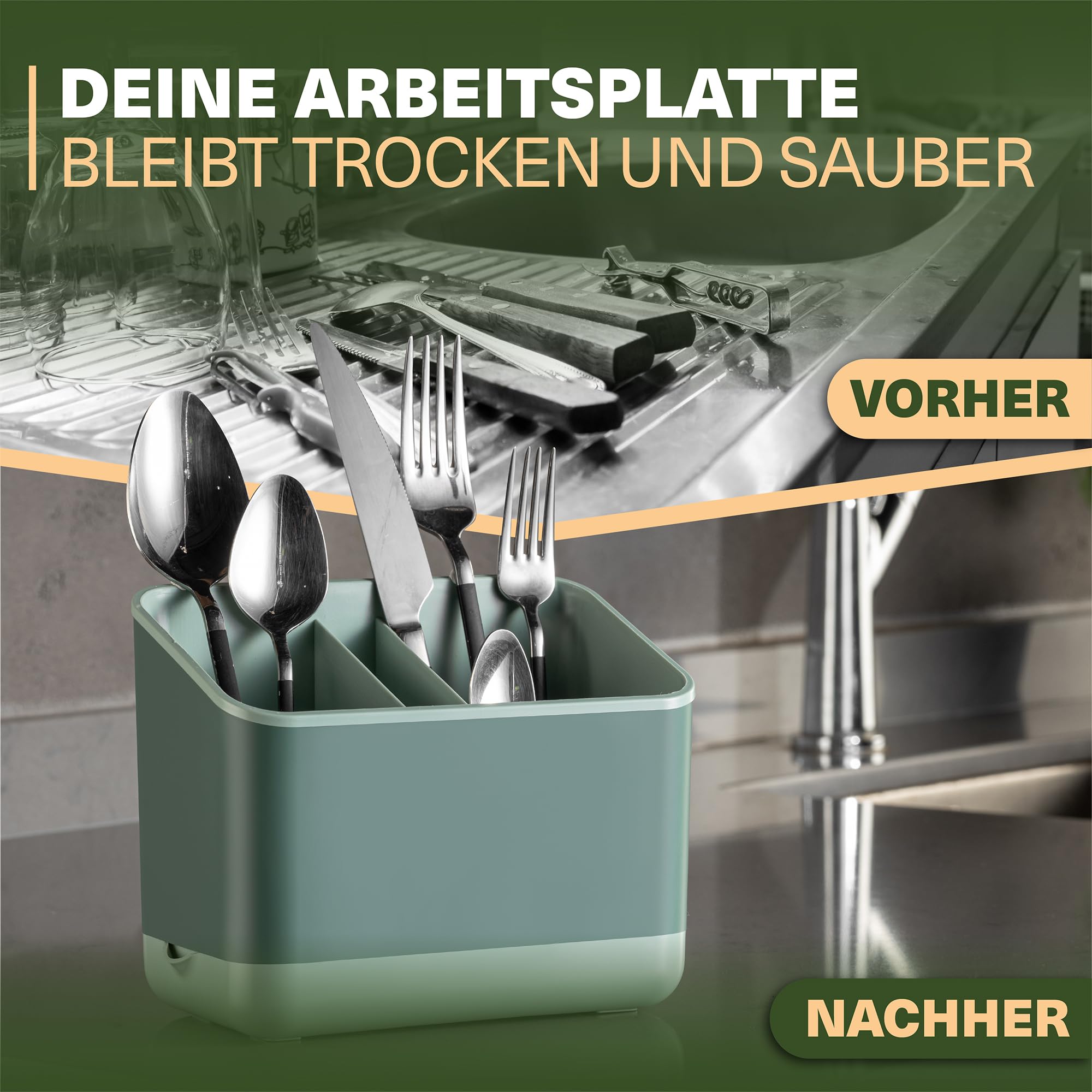 Viwares Besteckkorb, 5 Fächer mit Abtropfsieb (Grün)