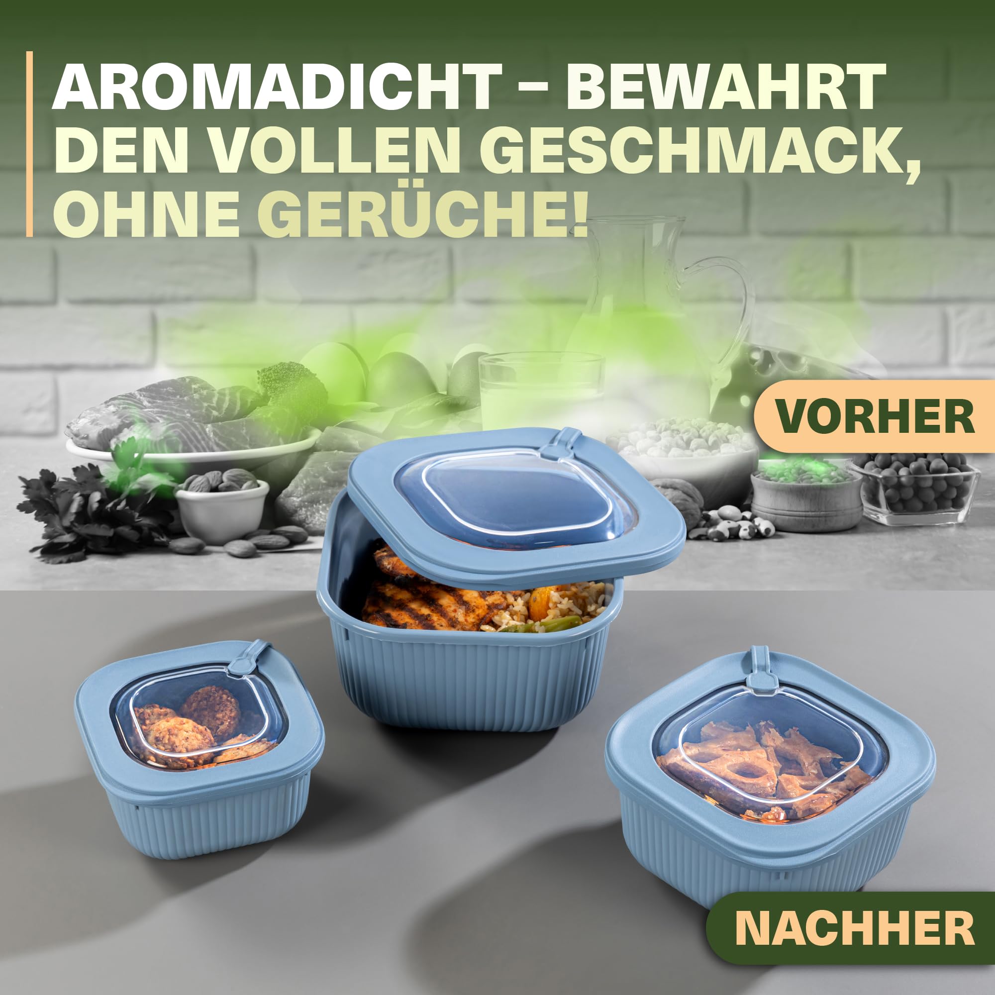 Viwares Frischhaltedosen im 3er Set mit transparentem Ventildeckel LINE - Blau