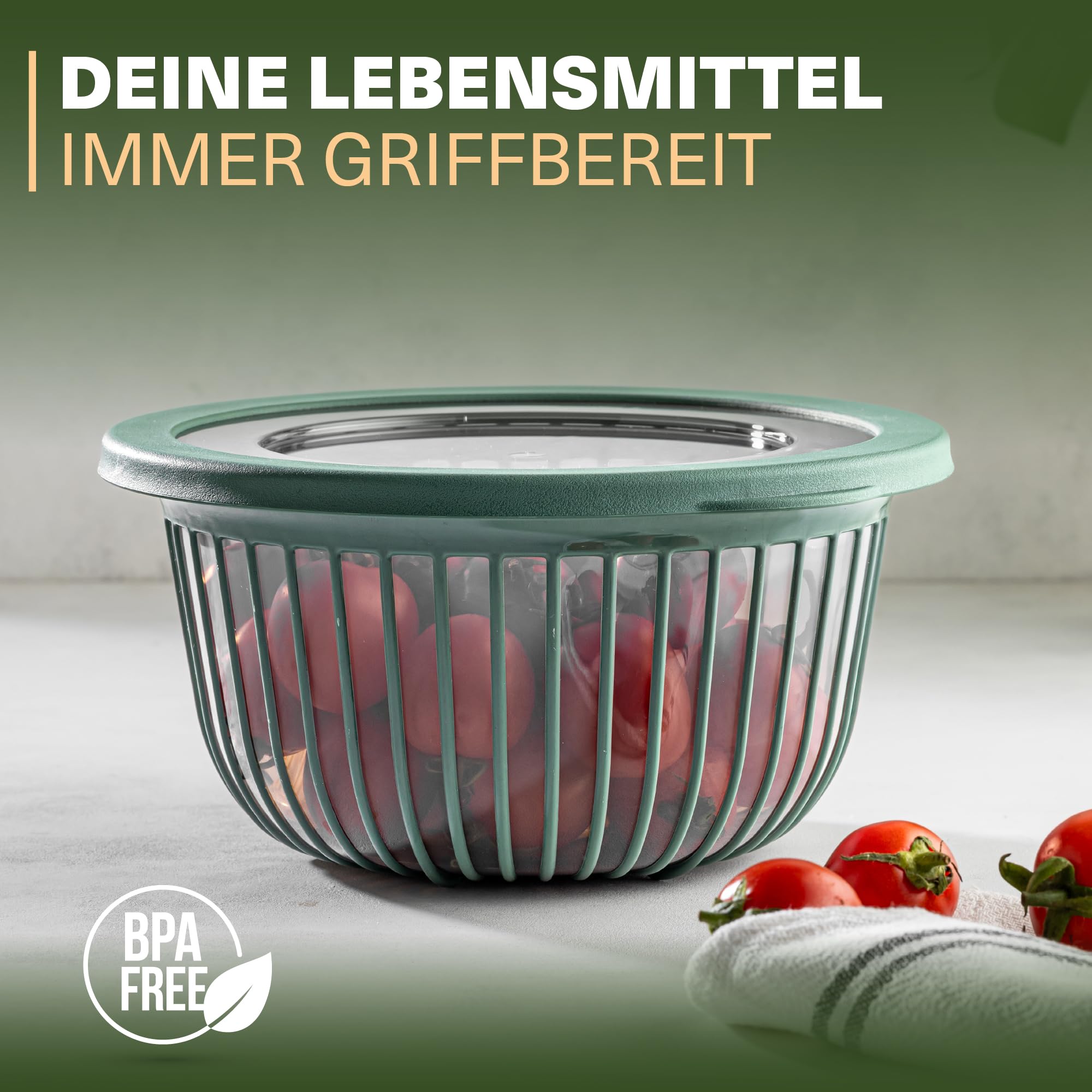 Viwares Schüssel-Set 3er mit Deckel – Vielseitige 1, 2, 3 L Schalen mit Silikonrand Grün