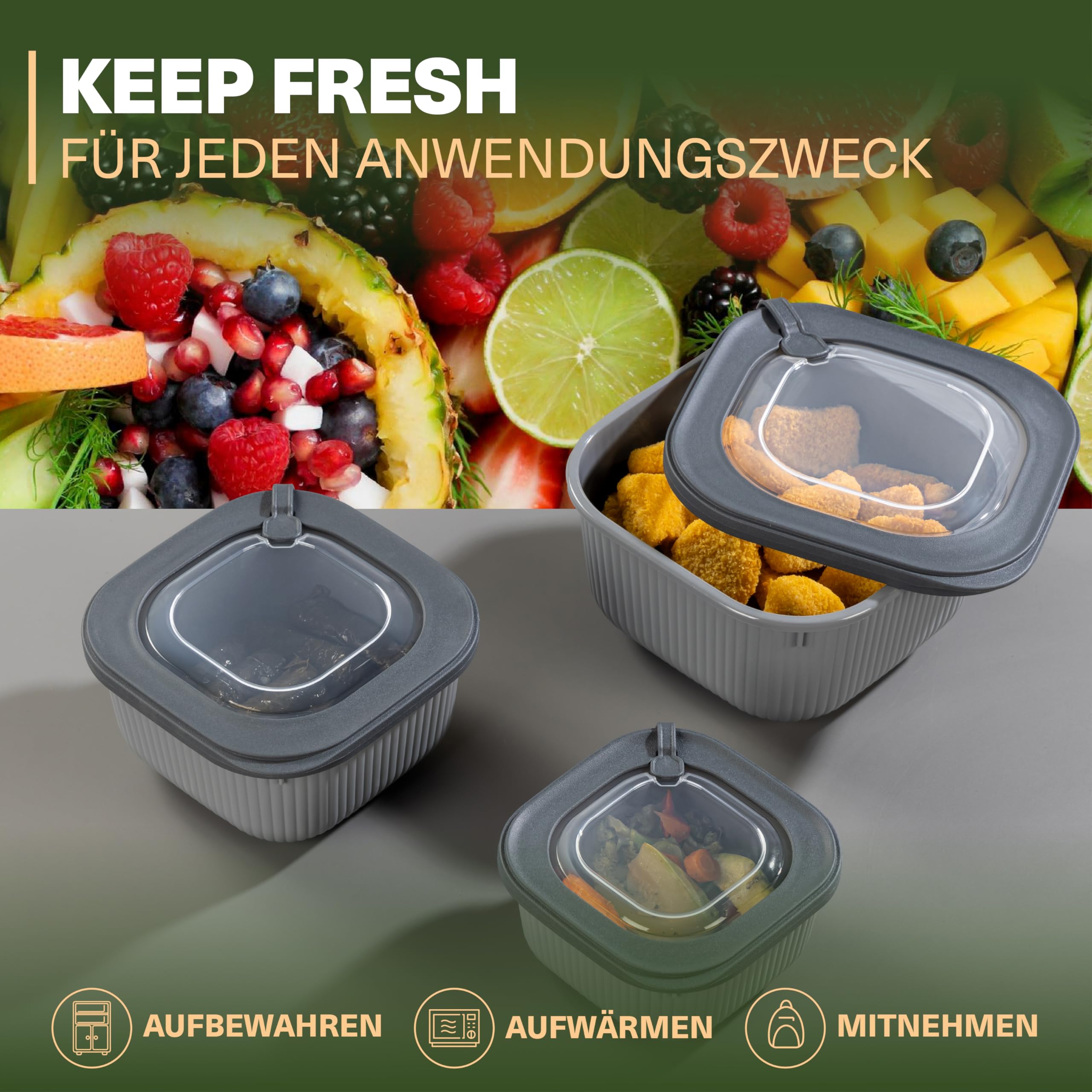 Viwares Frischhaltedosen im 3er Set mit transparentem Ventildeckel LINE - Grau