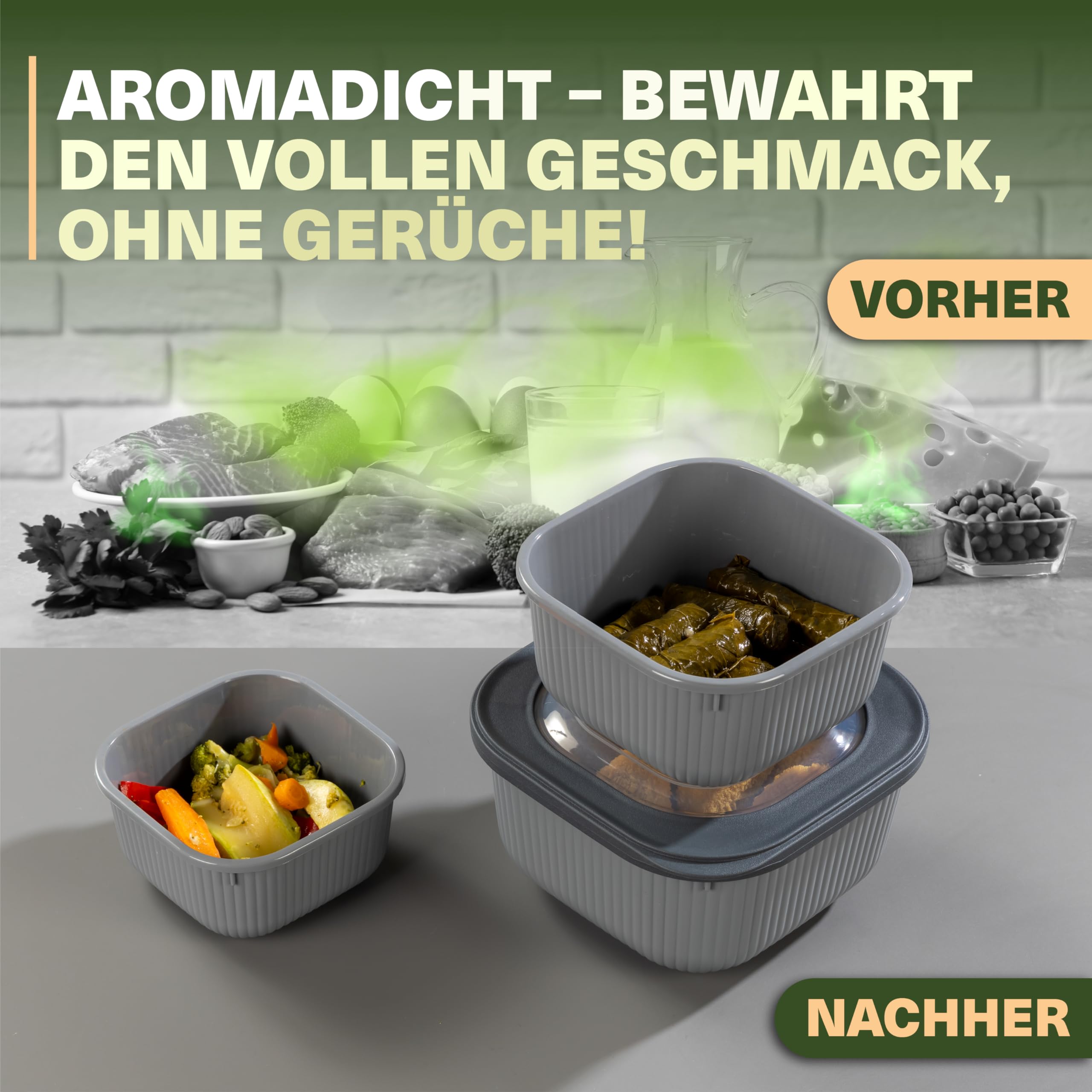 Viwares Frischhaltedosen im 3er Set mit transparentem Ventildeckel LINE - Grau