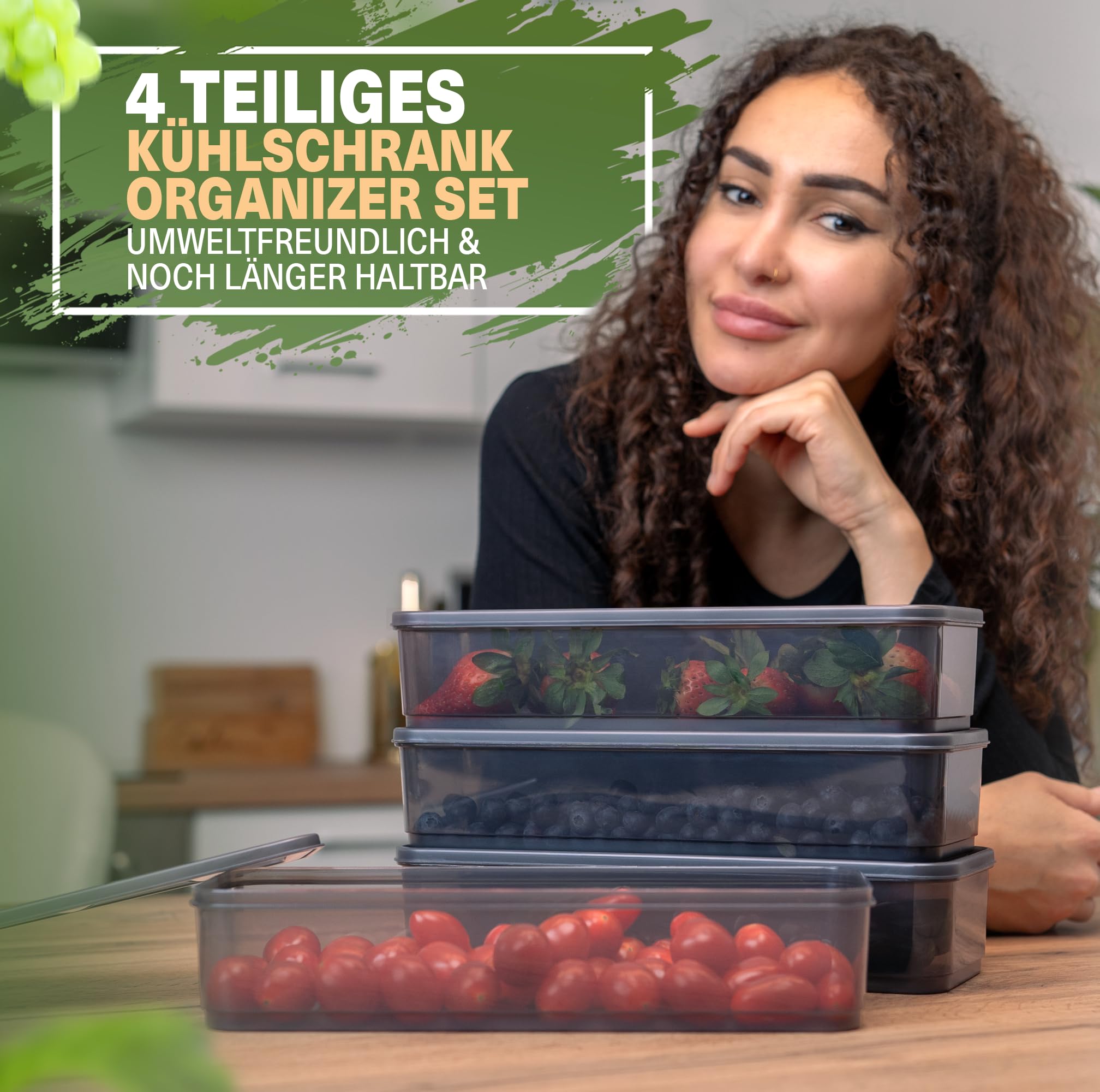 Viwares luftdichter Kühlschrank-Organizer mit Deckel 4er Set 1,65 L BELLA - Anthrazit