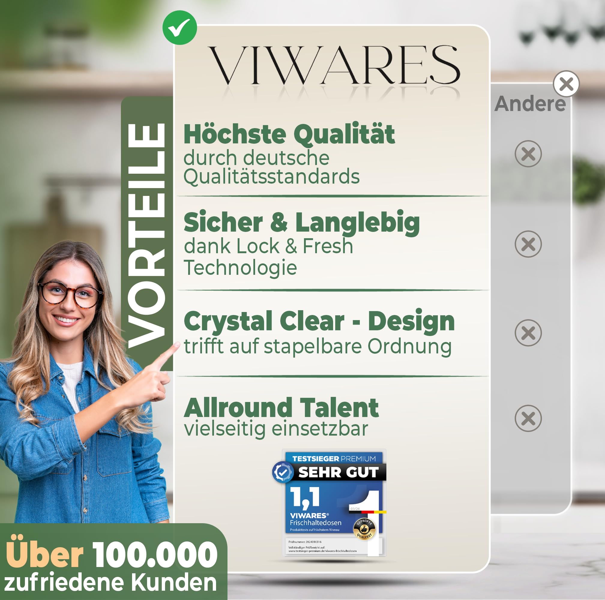 Viwares luftdichter Kühlschrank-Organizer mit Deckel 4er Set 1,65 L BELLA - Anthrazit