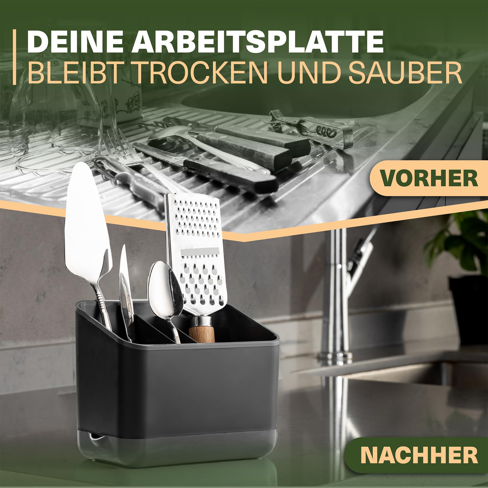 Viwares Besteckkorb, 5 Fächer mit Abtropfsieb (Anthrazit)