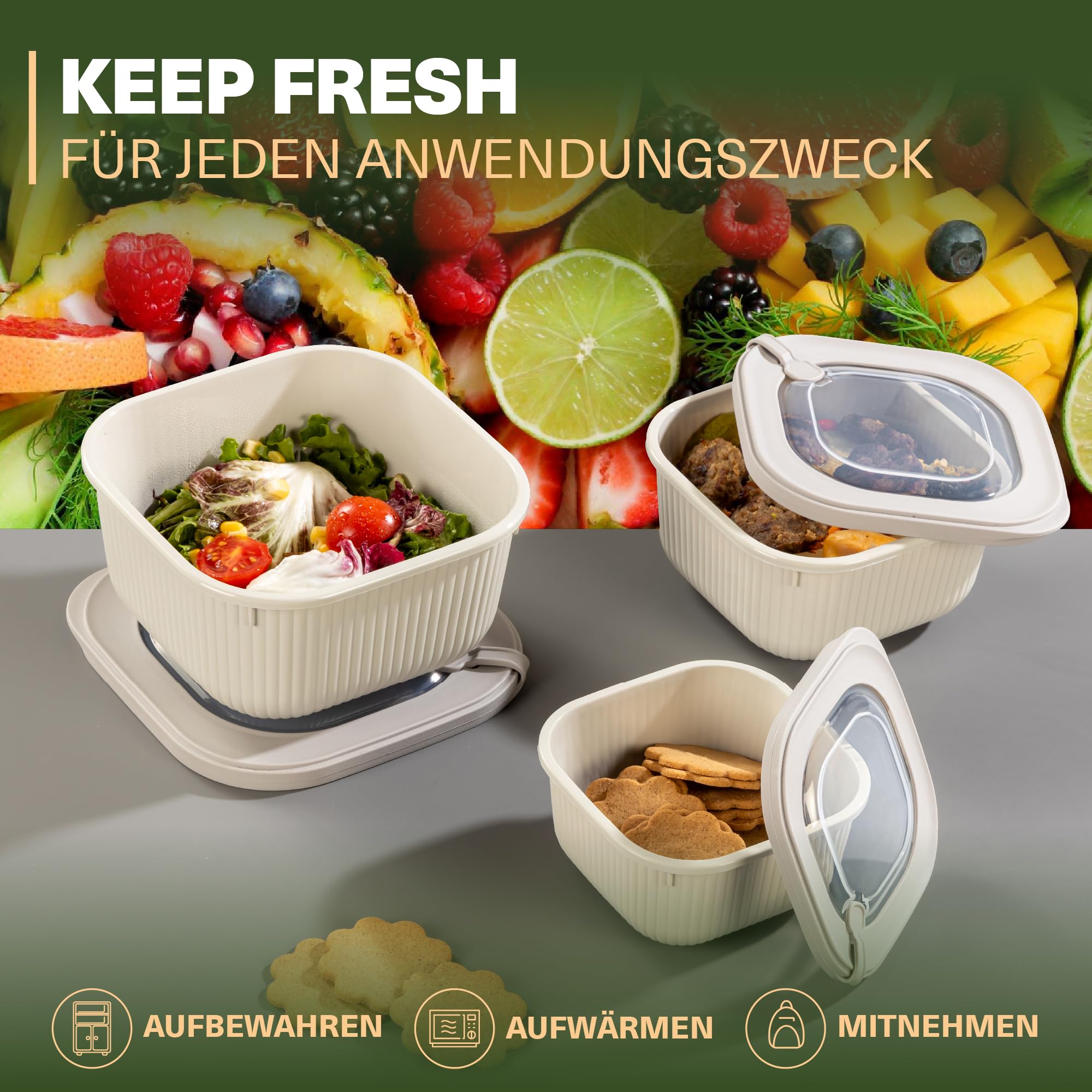 Viwares Frischhaltedosen im 6er Set mit transparentem Ventildeckel LINE - Beige