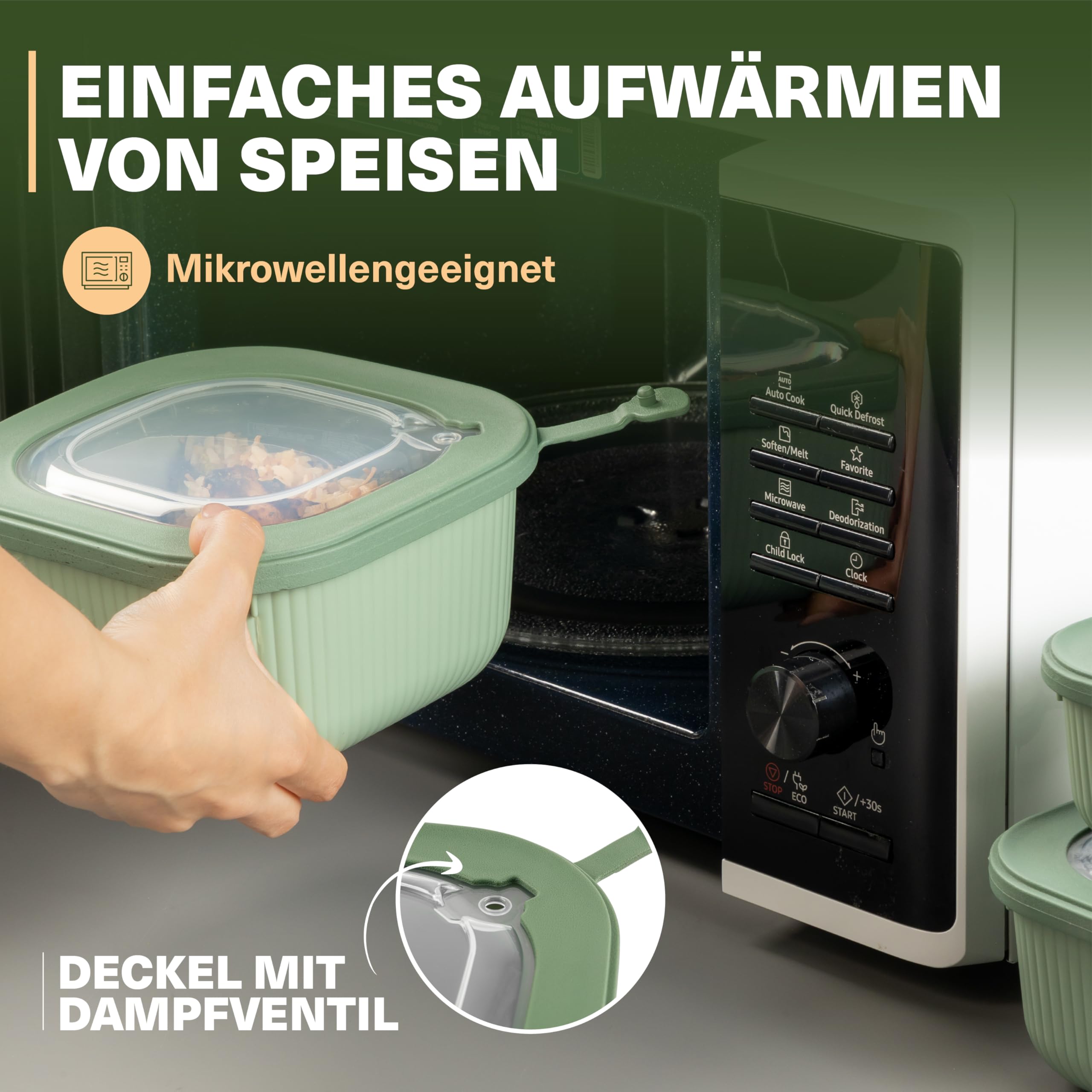 Viwares Frischhaltedosen im 3er Set mit transparentem Ventildeckel LINE - Grün