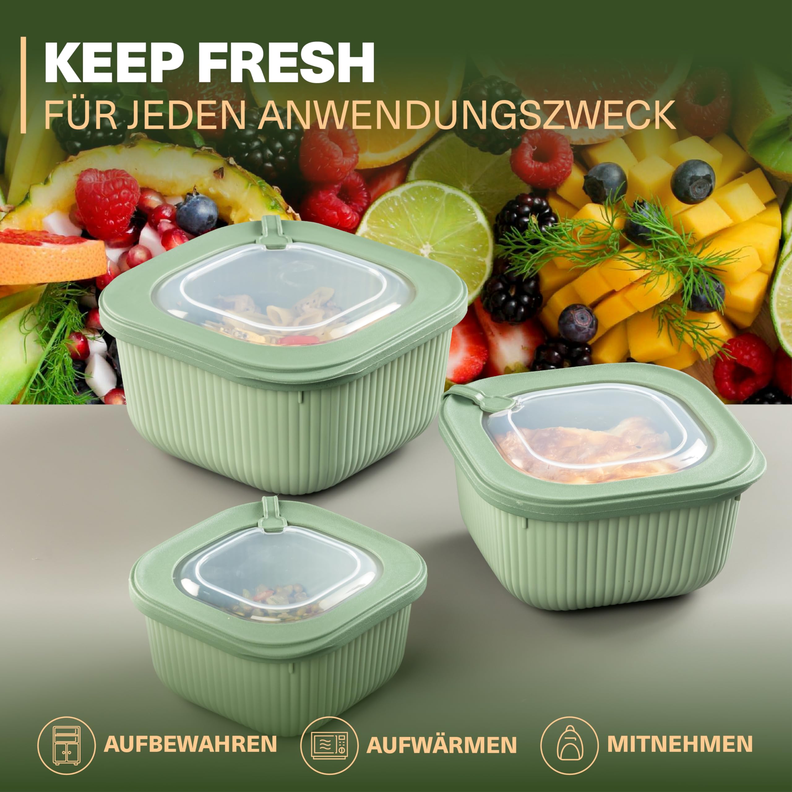 Viwares Frischhaltedosen im 3er Set mit transparentem Ventildeckel LINE - Grün