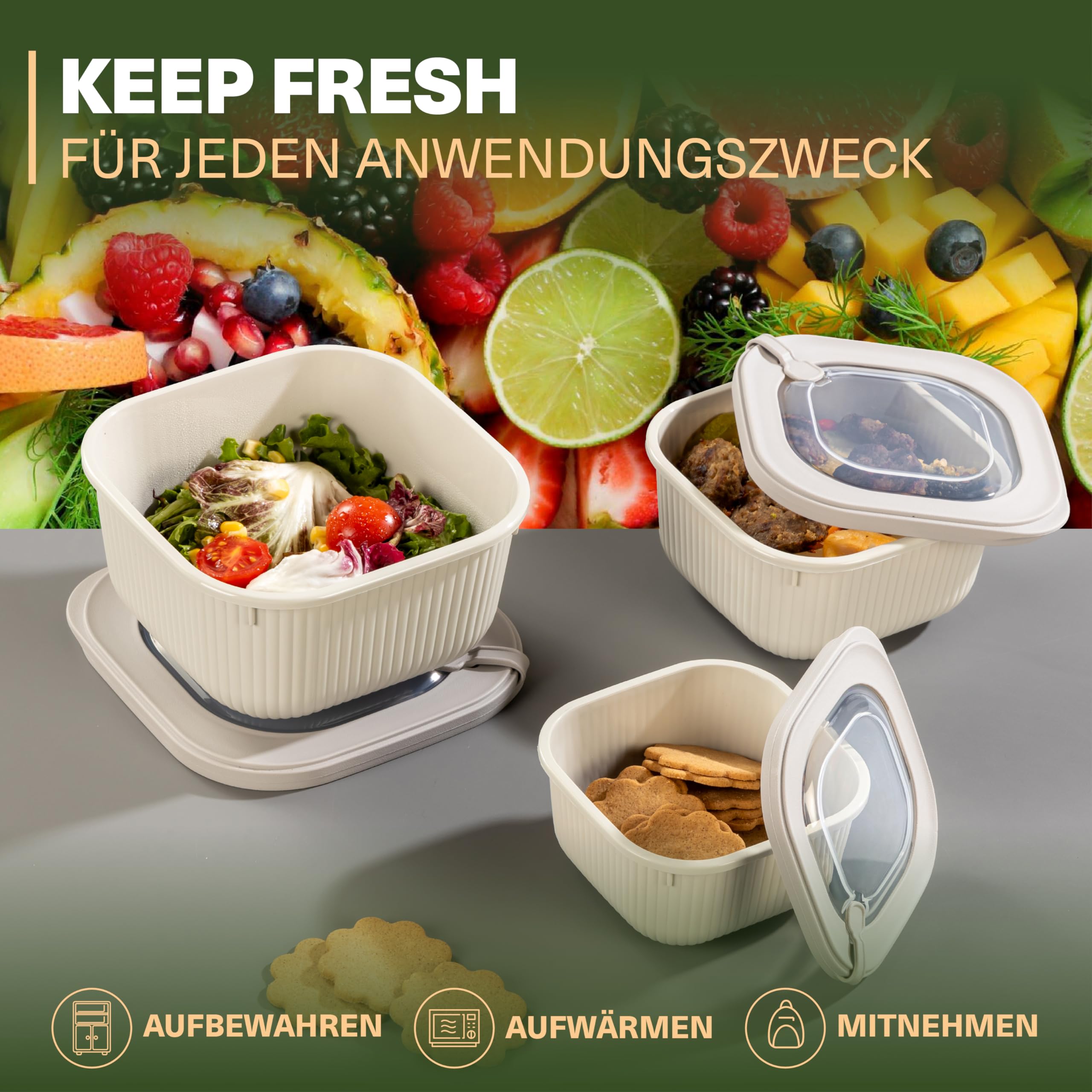 Viwares Frischhaltedosen im 3er Set mit transparentem Ventildeckel LINE - Beige