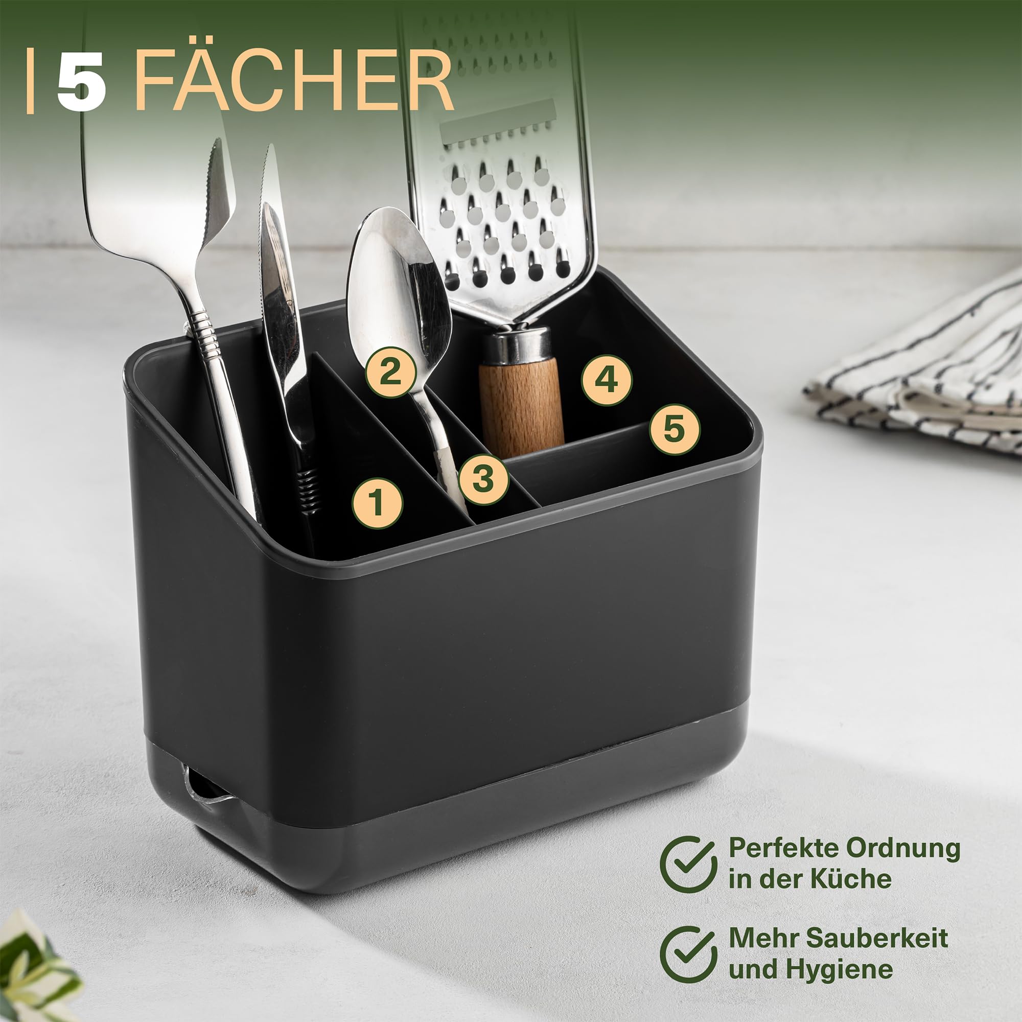 Viwares Besteckkorb, 5 Fächer mit Abtropfsieb (Anthrazit)