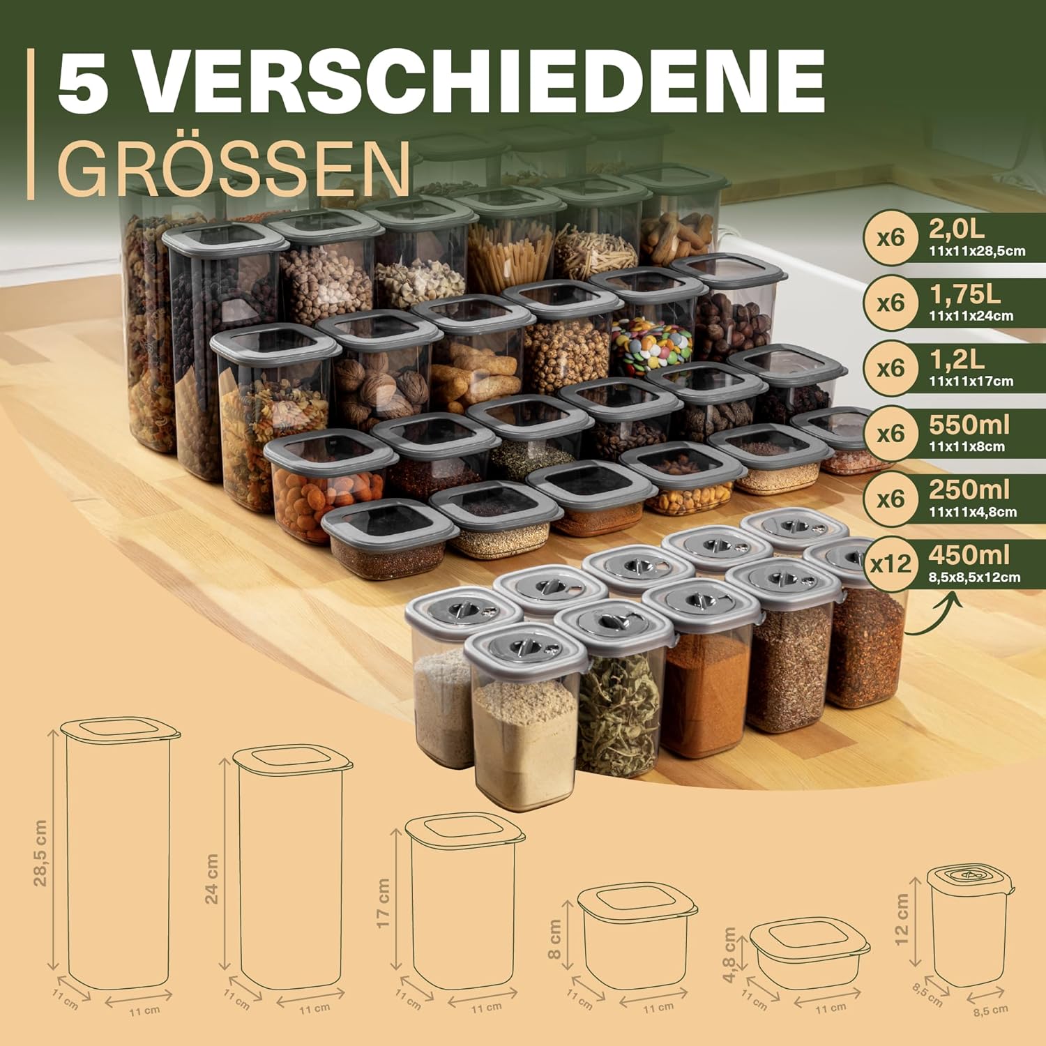 Viwares Praktisches Vorratsdosen-Set Mix mit Gewürzdosen 42er FOLY - Anthrazit