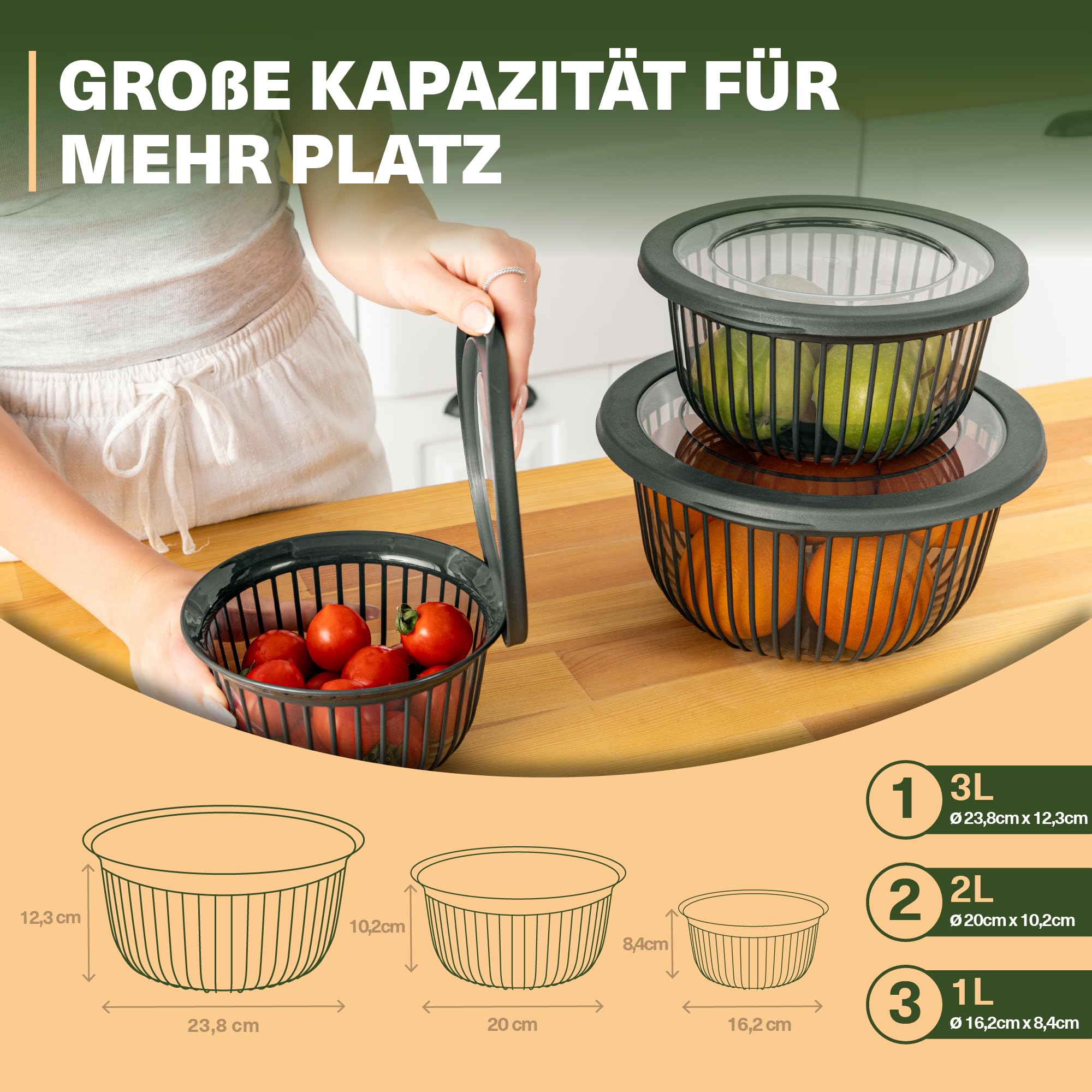 Viwares Schüssel-Set 3er mit Deckel – Vielseitige 1, 2, 3 L Schalen mit Silikonrand Grün