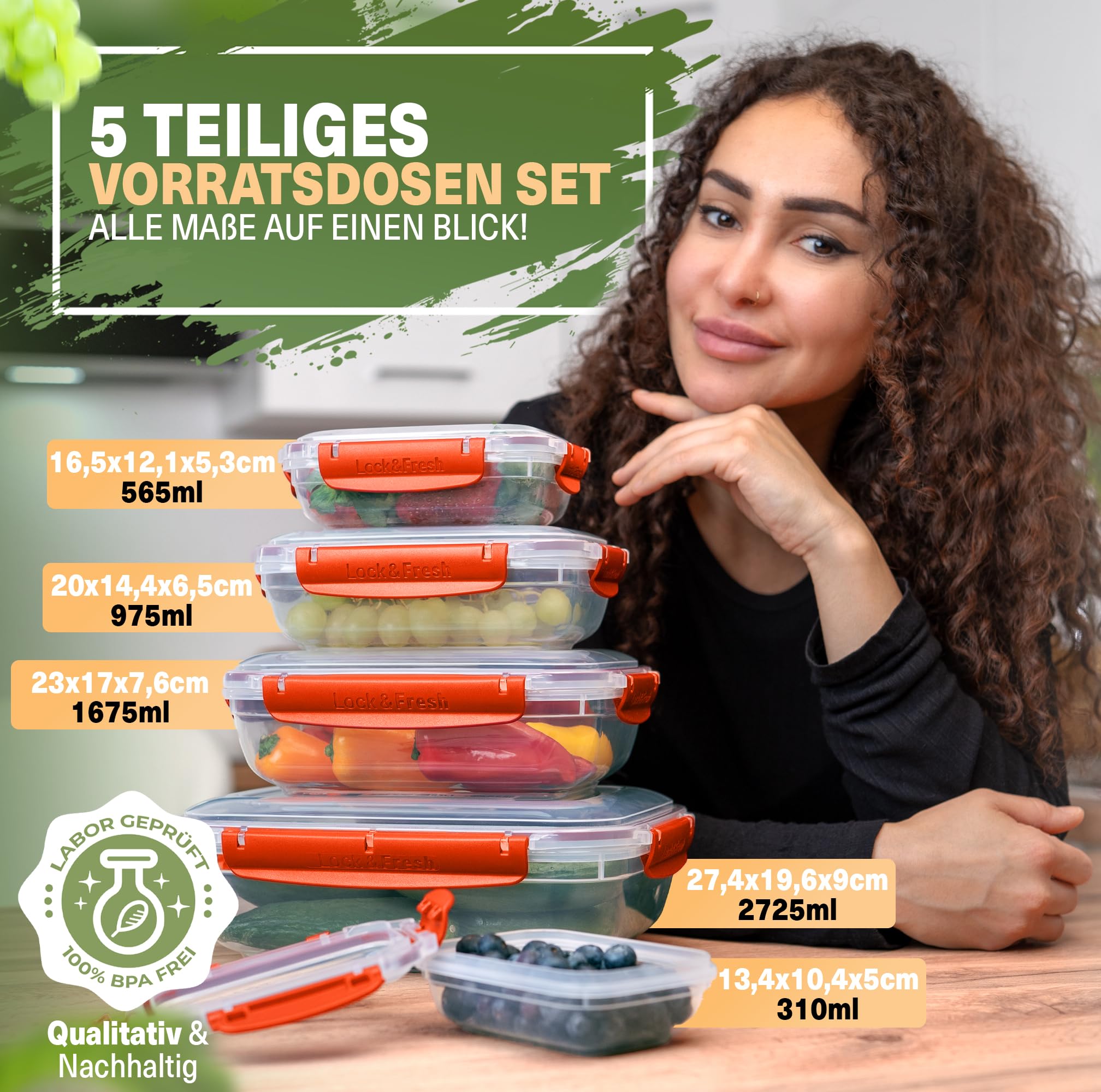 Viwares Frischhaltedosen-Set 5-teilig mit Lock&fresh Technologie für Frische und Hygiene Orange