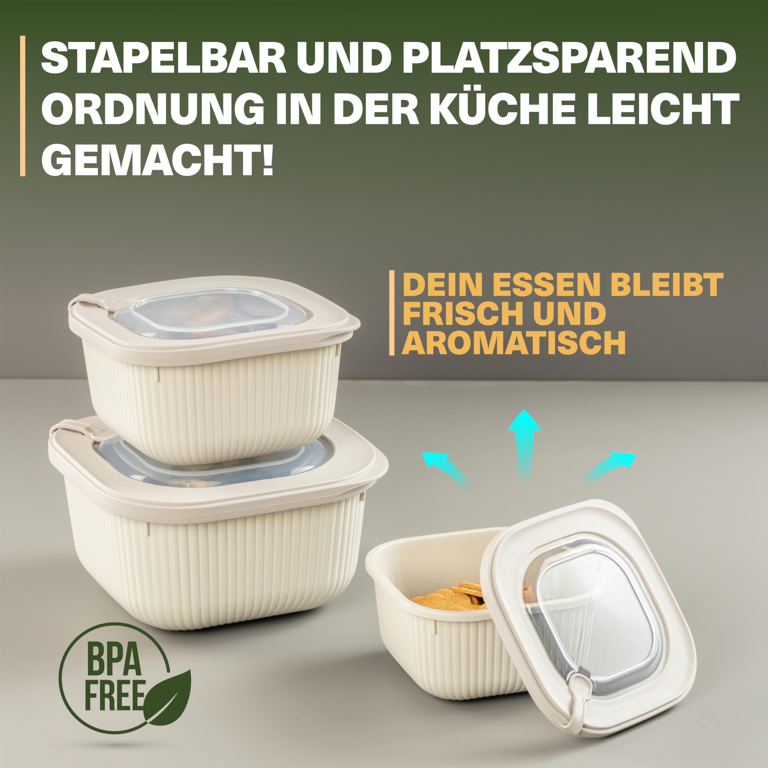 Viwares Frischhaltedosen im 3er Set mit transparentem Ventildeckel LINE - Beige