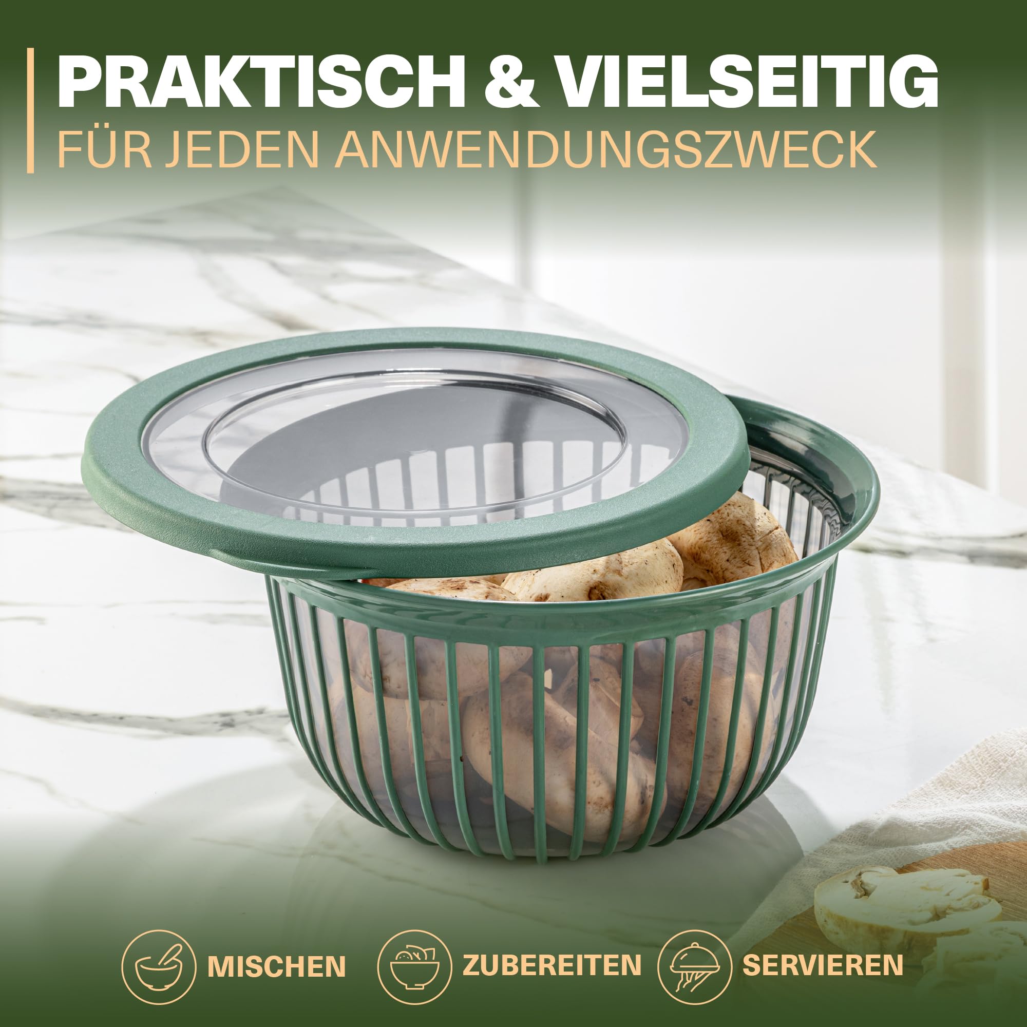 Viwares Schüssel-Set 3er mit Deckel – Vielseitige 1, 2, 3 L Schalen mit Silikonrand Grün