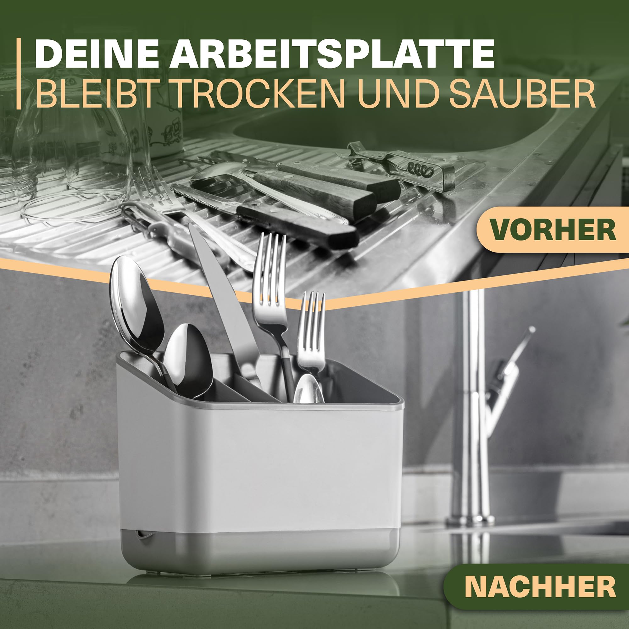 Viwares Besteckkorb, 5 Fächer mit Abtropfsieb (Grau)