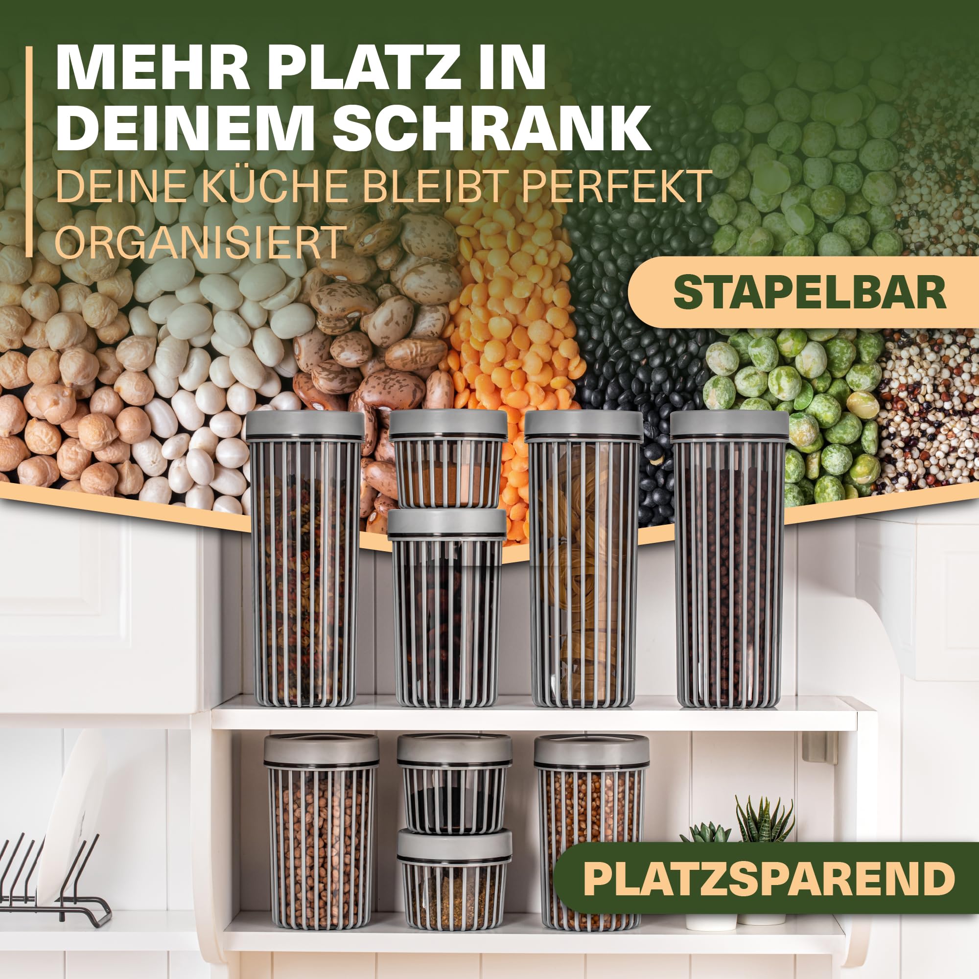 Viwares Vorratsdosen mit Dreh-Deckel - Stapelbares 9er Vorratsbehälter Set in drei Größen Grau