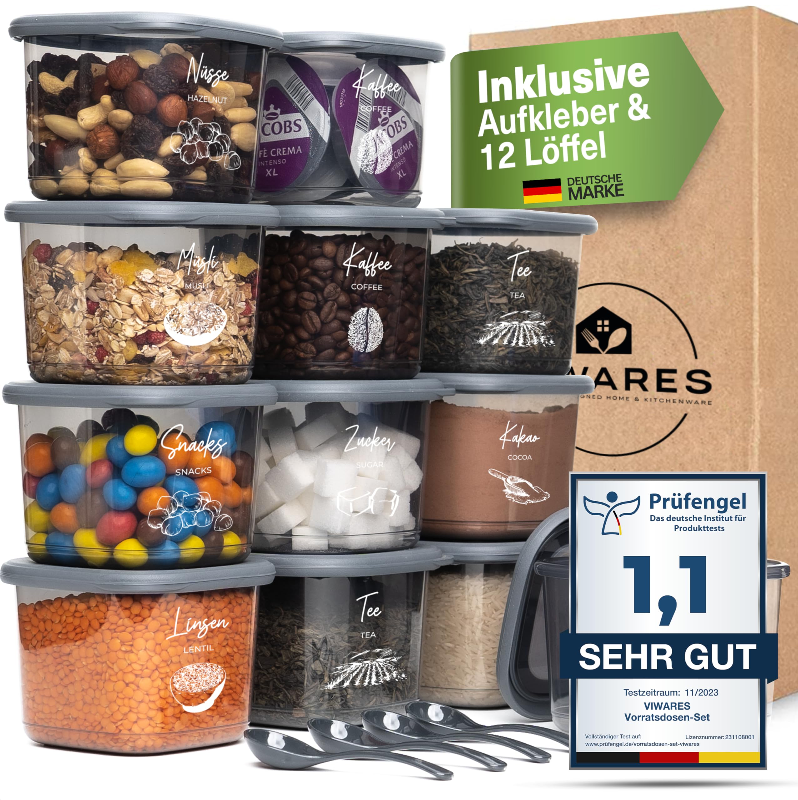 Viwares Praktisches Vorratsdosen-Set 12er 0,55L FOLY - Anthrazit