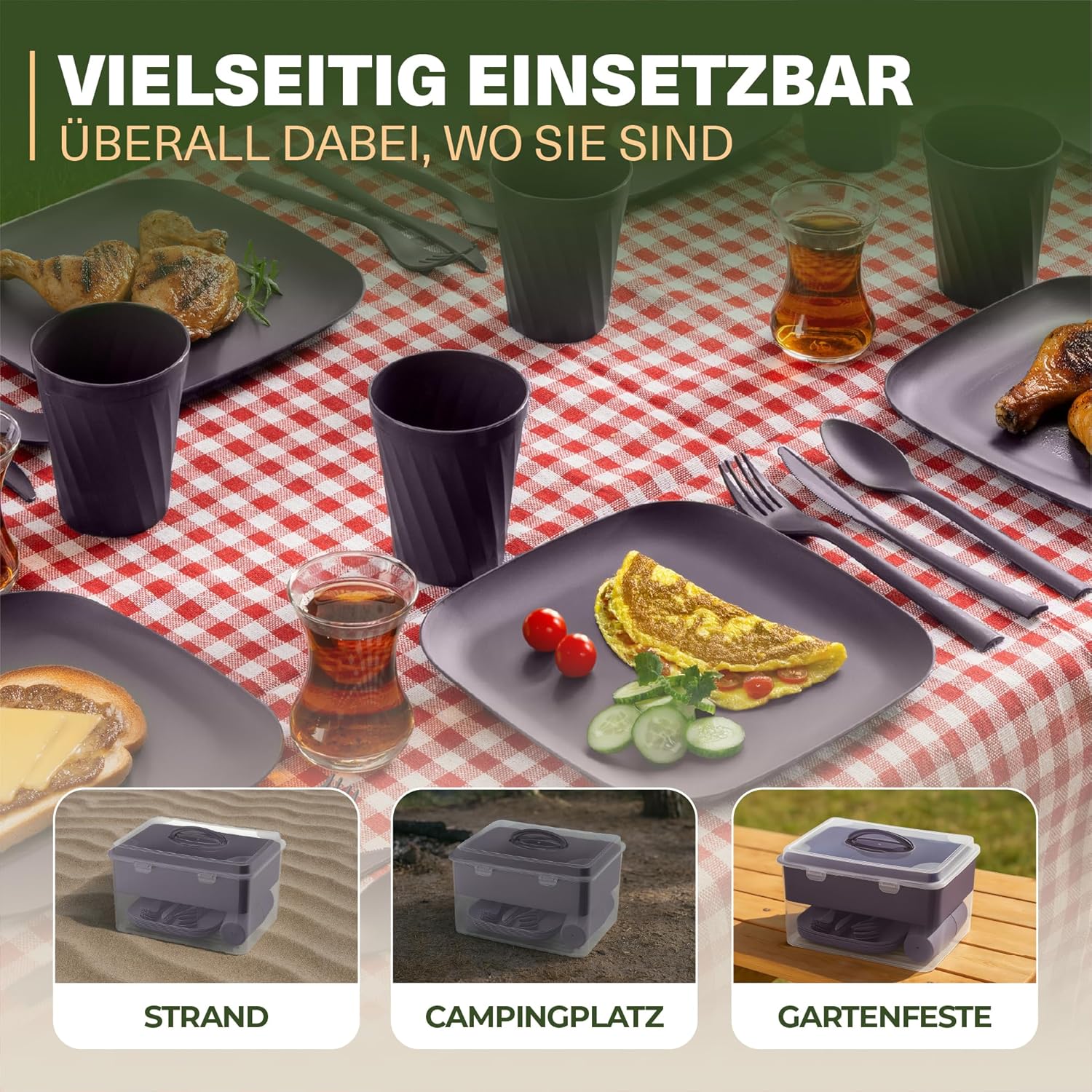 Picknick-Geschirrset 33-tlg mit Transportbox – Grau