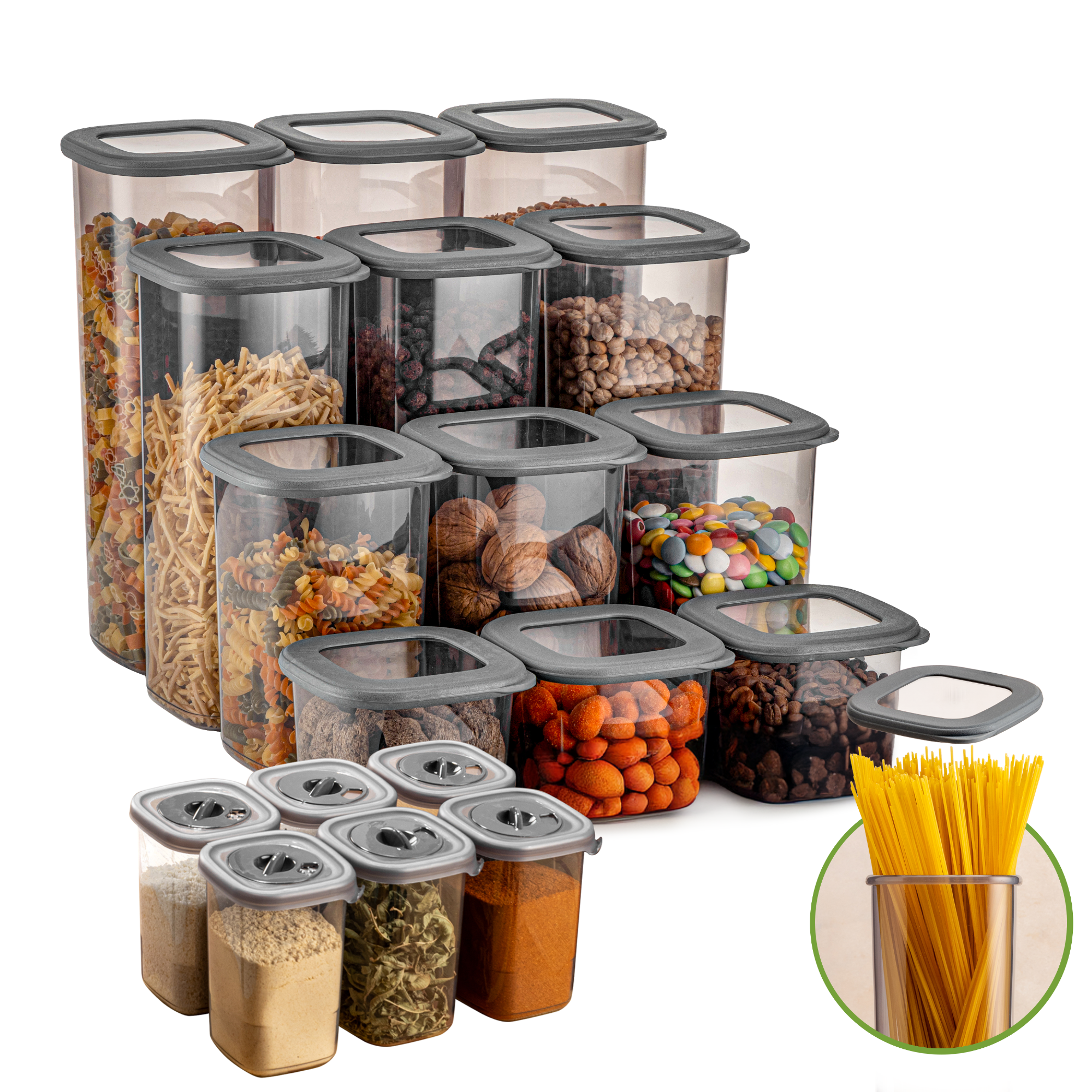 FOLY Serie – Transparent – 18-teiliges Vorratsdosen Set mit Gewürzdosen – Stapelbare Aufbewahrungsboxen & Frischhaltedosen Küche