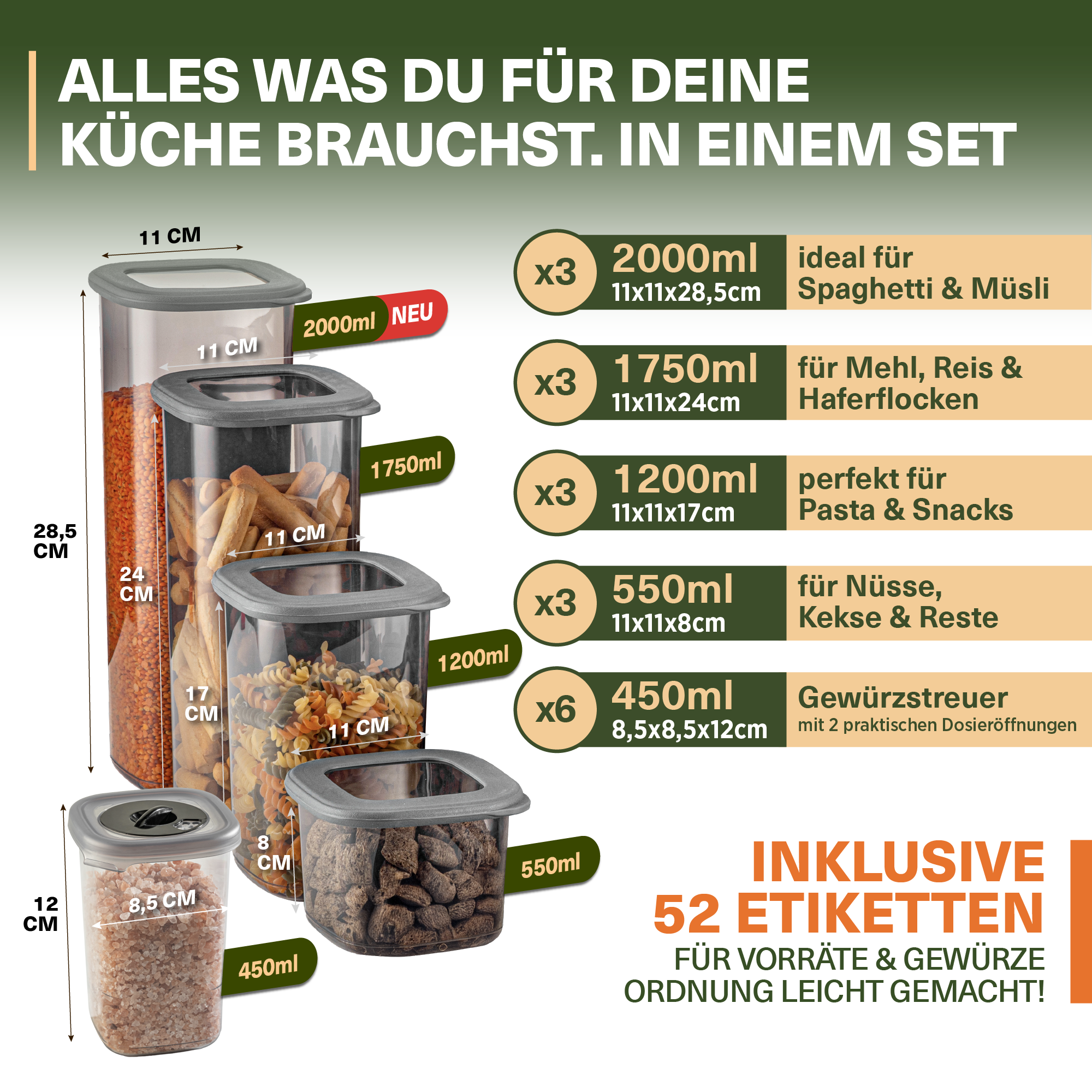 FOLY Serie – Transparent – 18-teiliges Vorratsdosen Set mit Gewürzdosen – Stapelbare Aufbewahrungsboxen & Frischhaltedosen Küche