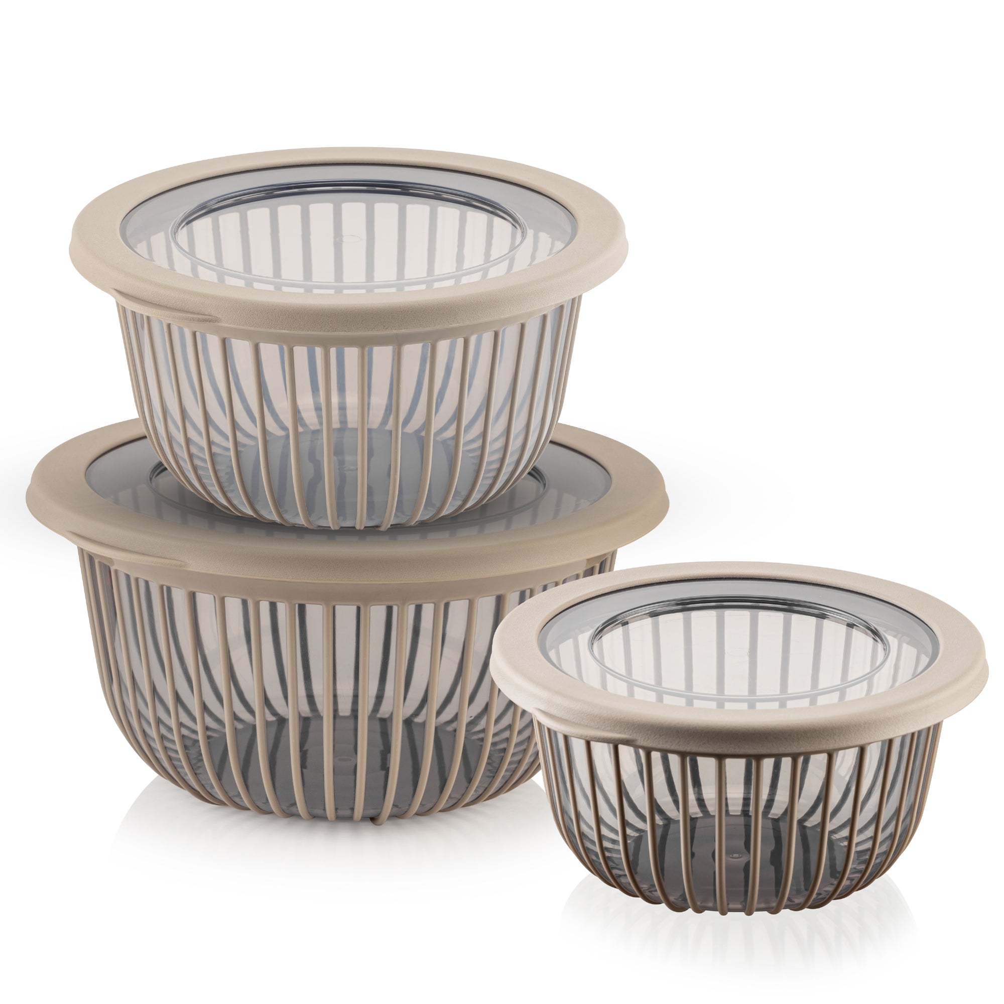 Viwares Schüssel-Set 3er mit Deckel – Vielseitige 1, 2, 3 L Schalen mit Silikonrand Beige