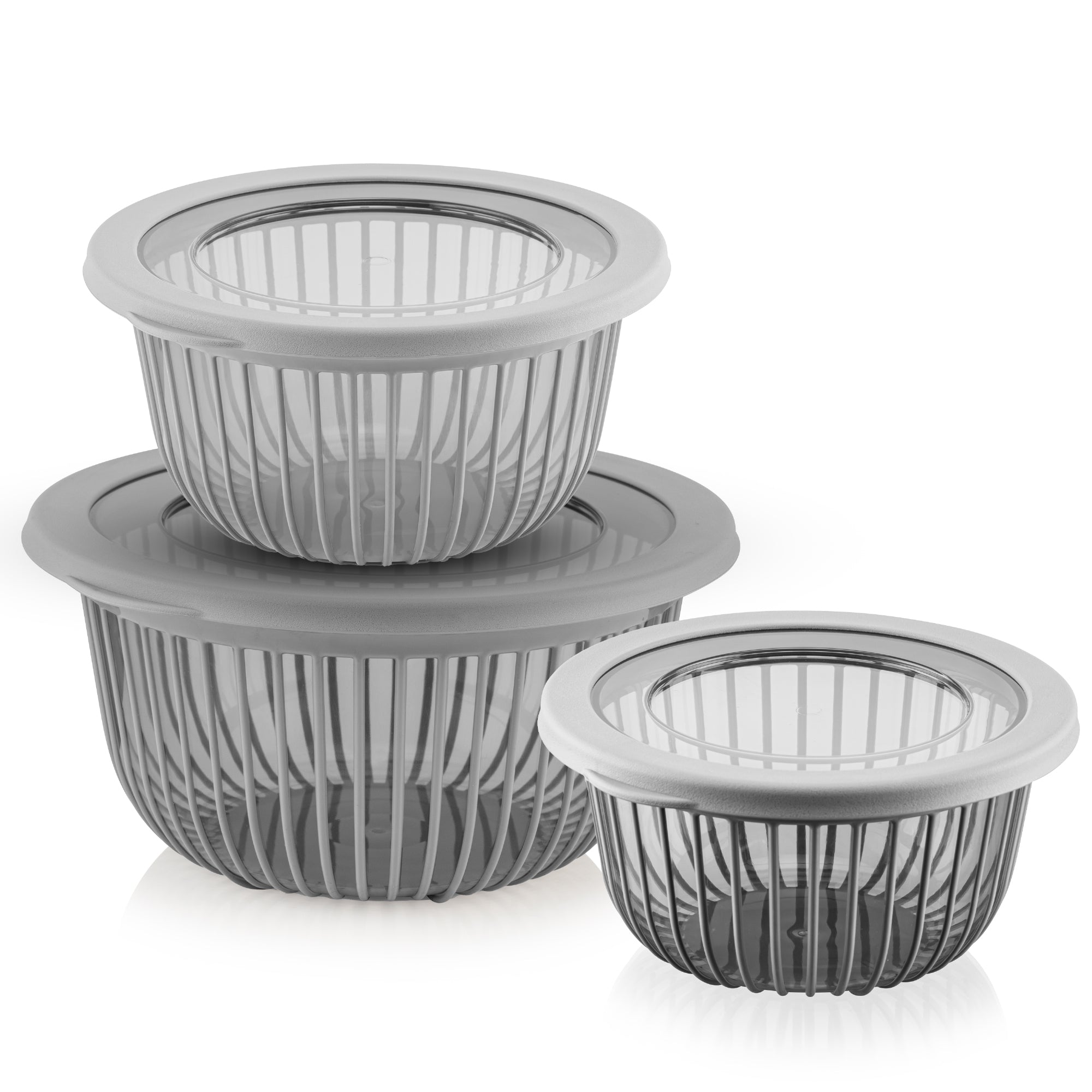 Viwares Schüssel-Set 3er mit Deckel – Vielseitige 1, 2, 3 L Schalen mit Silikonrand Grau