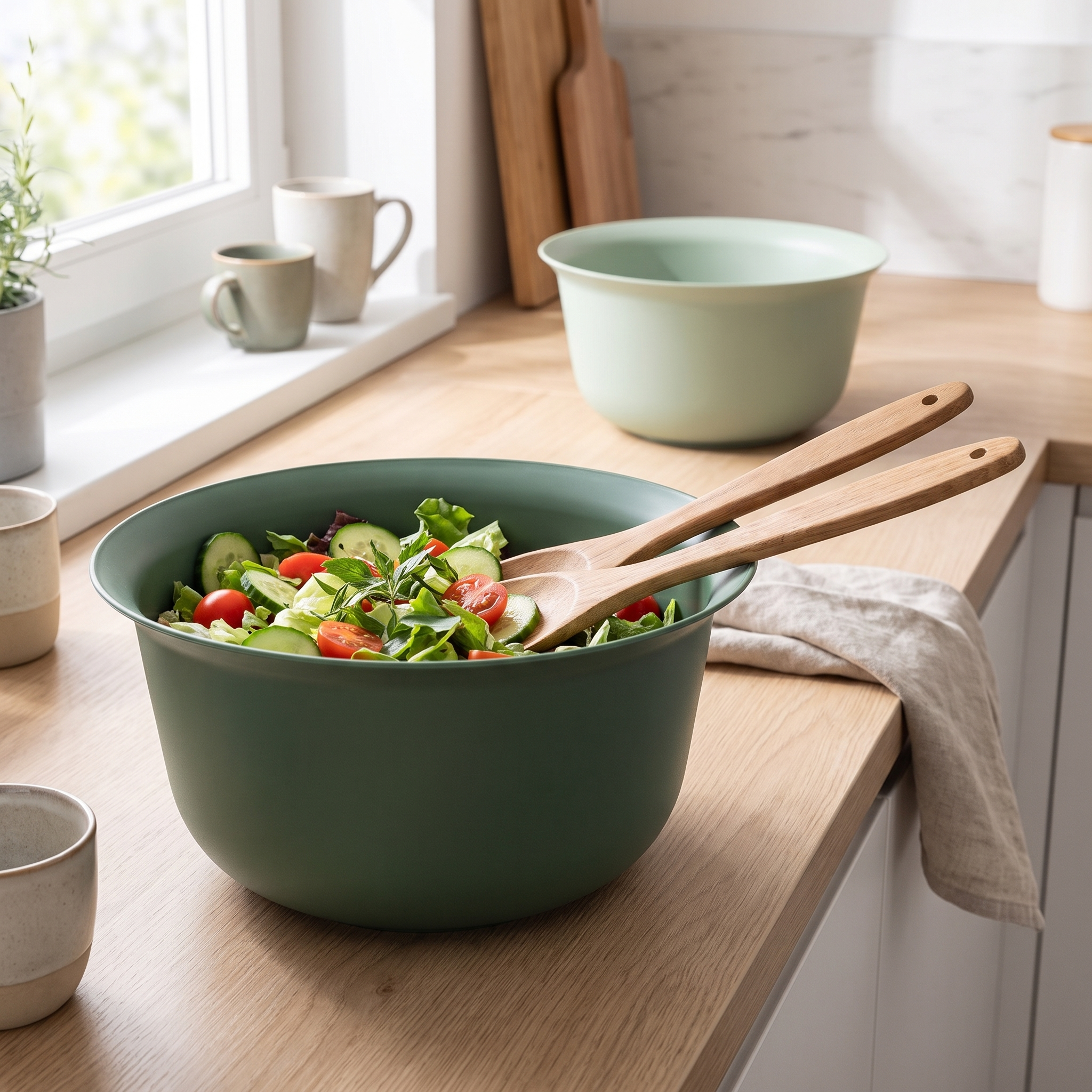 Küchenschüssel-Set in Nutzung mit Salat – CHEF 5-teilig | viwares