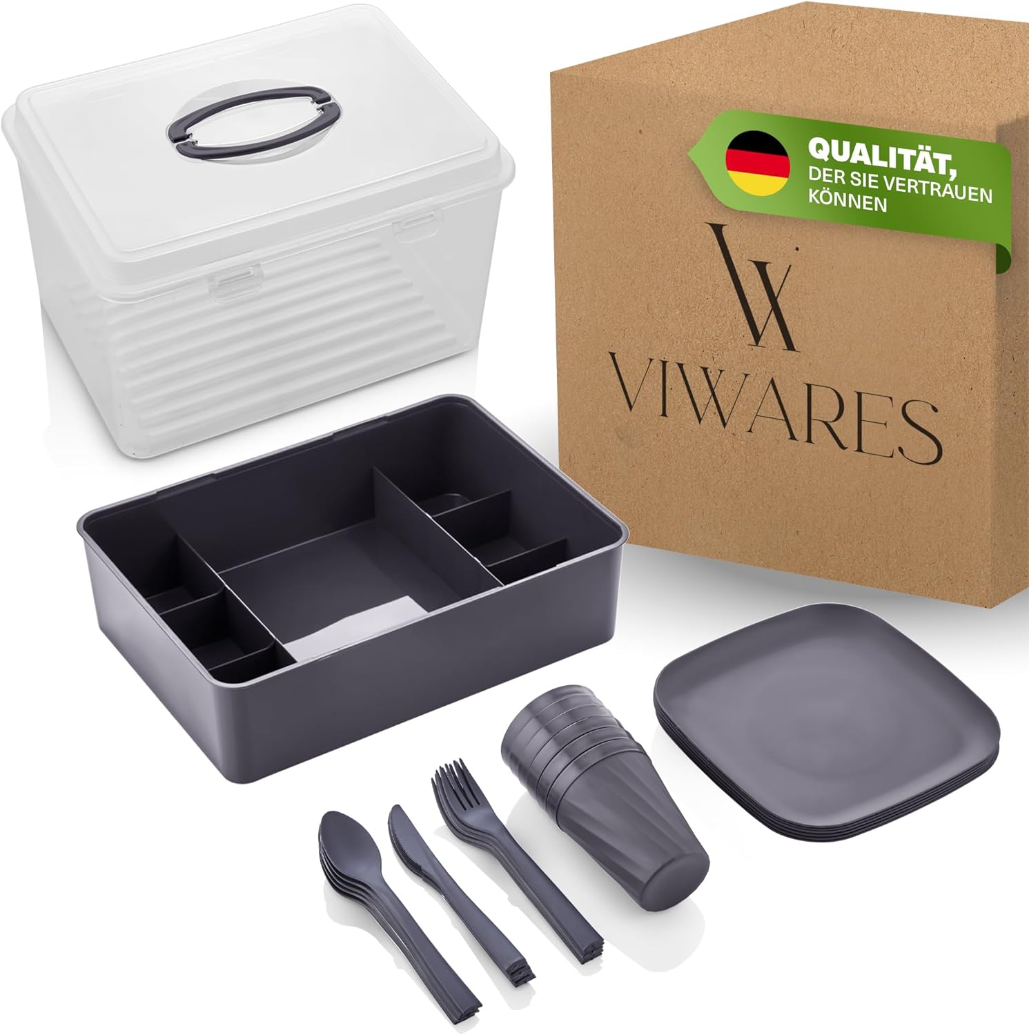 Picknick-Geschirrset 33-tlg mit Transportbox – Grau