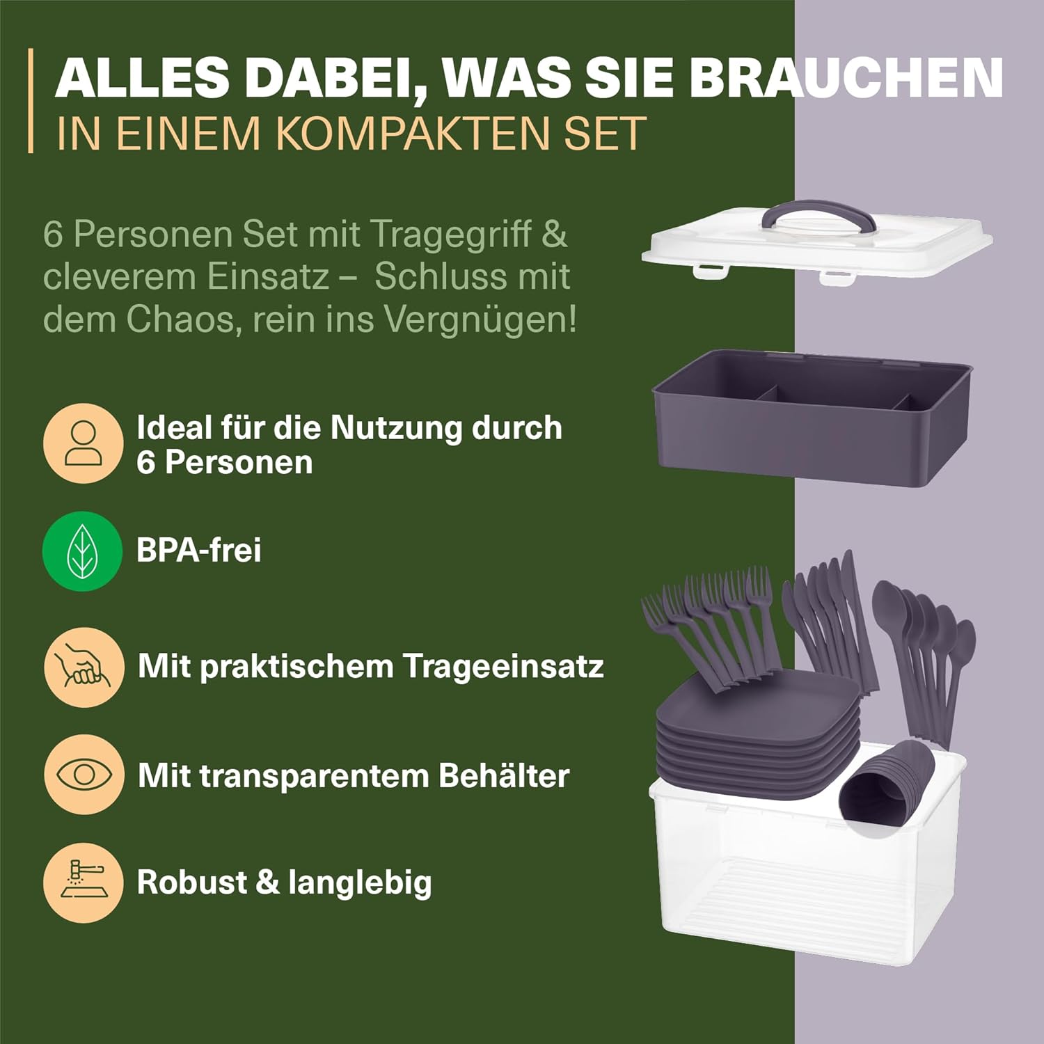 Picknick-Geschirrset 33-tlg mit Transportbox – Grau