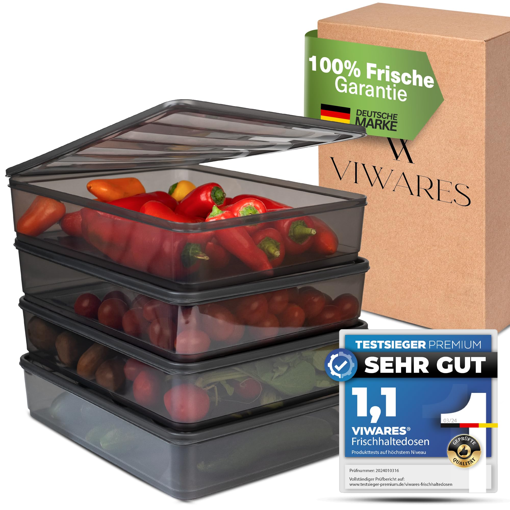 Viwares Frischhaltedosen für Käse und Wurst 4er-Set Anthrazit 3,5 L