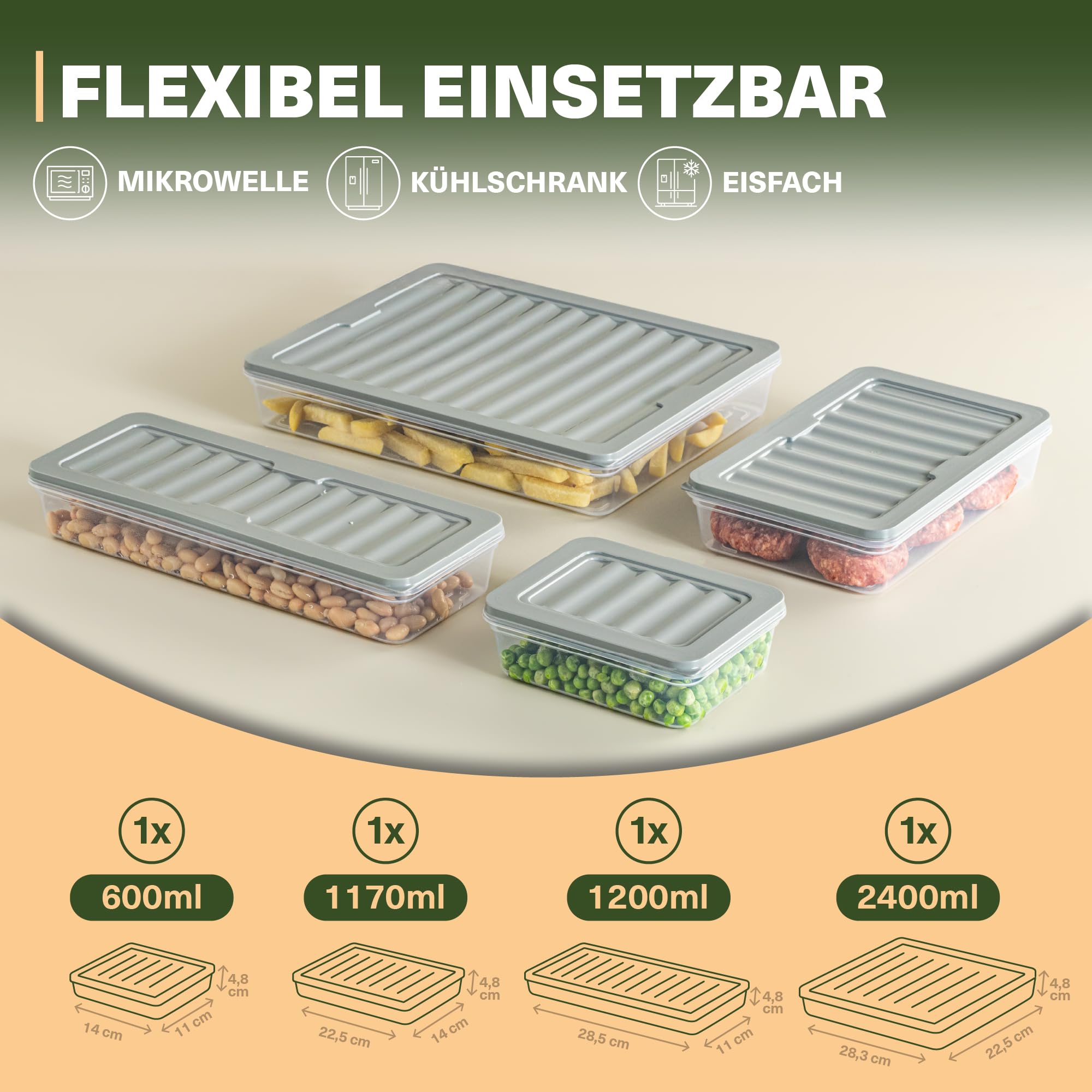 Viwares Stapelbare Frischhaltedosen 4er Set - Perfekt für den Gefrierschrank - Grau