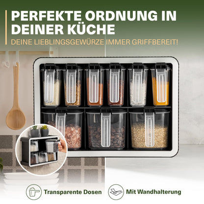 Viwares Gewürzdosen 12er Set mit Wandhalterung und Löffeln, Luftdicht, BPA-frei, Transparent, Gewürzdosen für organisierte Küche, Modernes, platzsparendes Gewürzregal mit Aromaschutz, 250ml