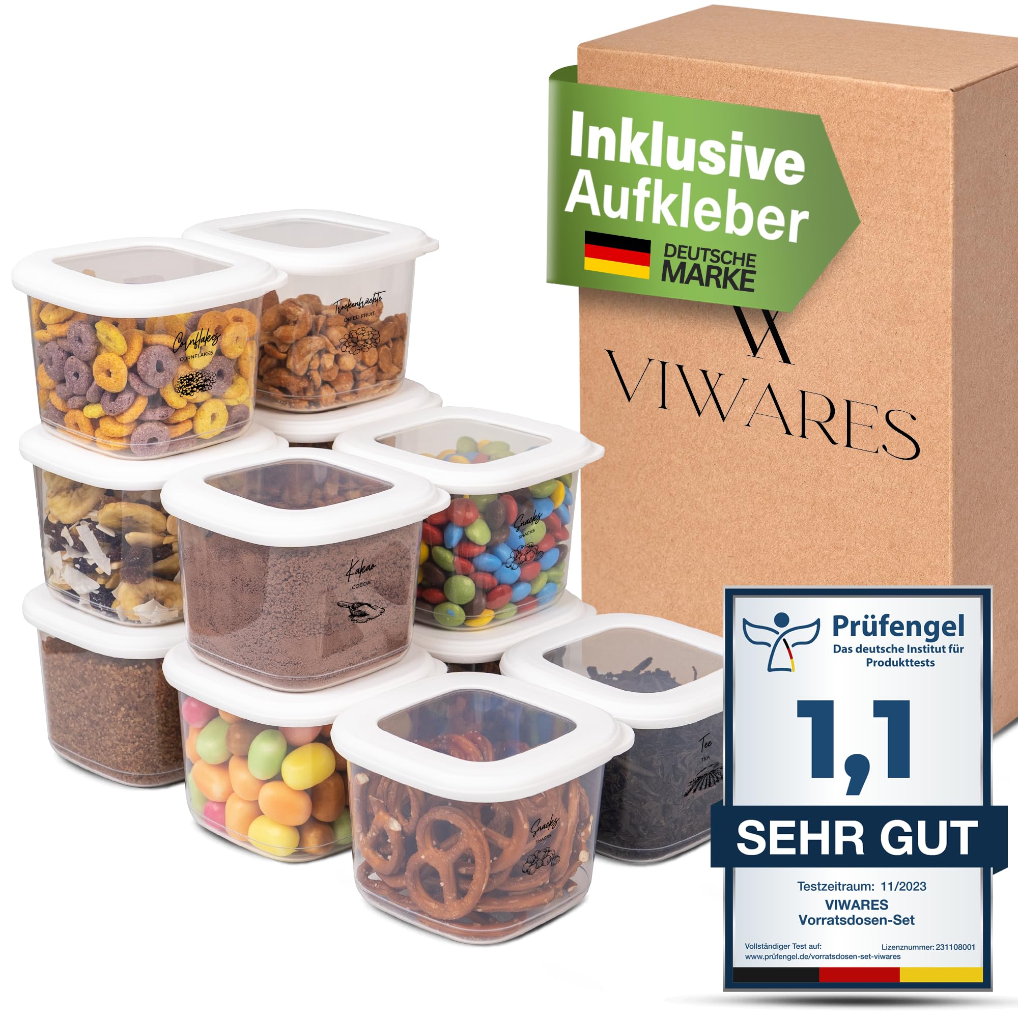 Viwares Vorratsdosen 12er-Set, 0,55 L, luftdicht und stapelbar, Weiß - Serie FOLY